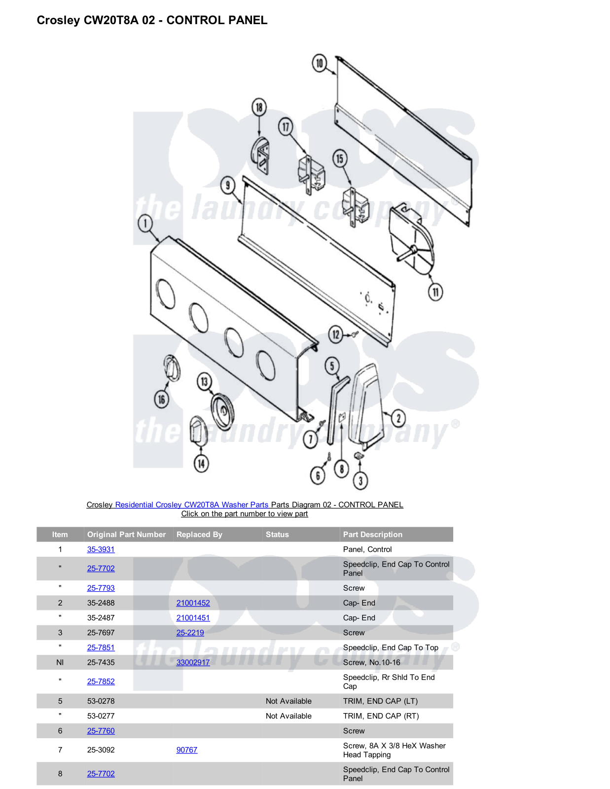 Crosley CW20T8A Parts Diagram