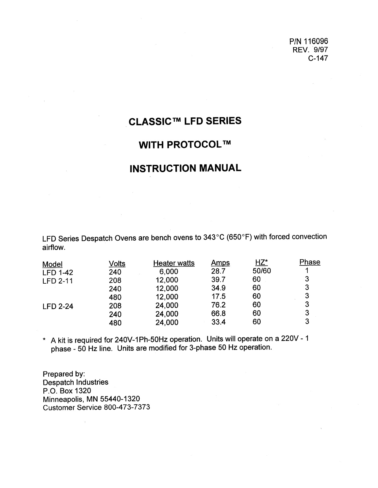 Despatch LFD1-42-3 Specifications