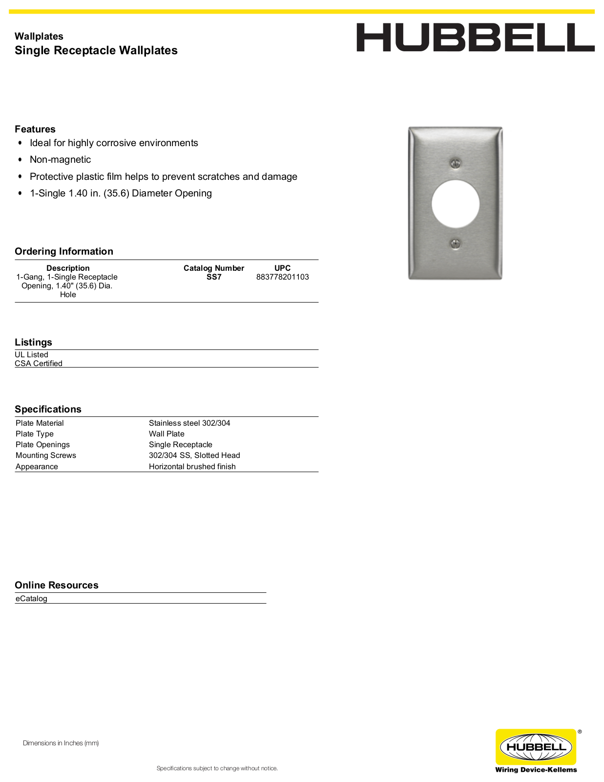 Hubbell SS7 Specifications