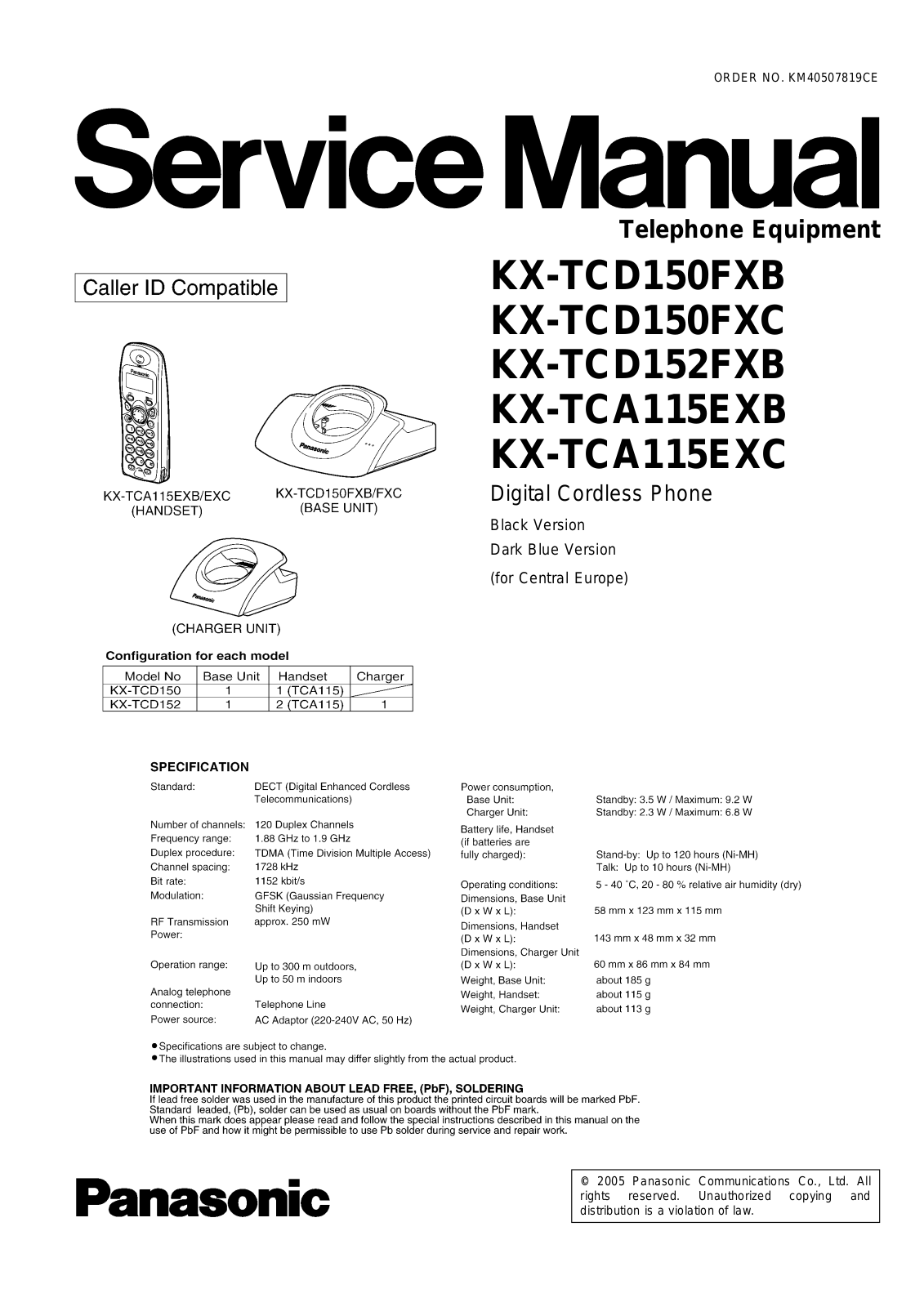 Panasonic KX-TCD150FXB, KX-TCD150FXC, KX-TCD152FXB, KX-TCA115EXB, KX-TCA115EXC Service Manual