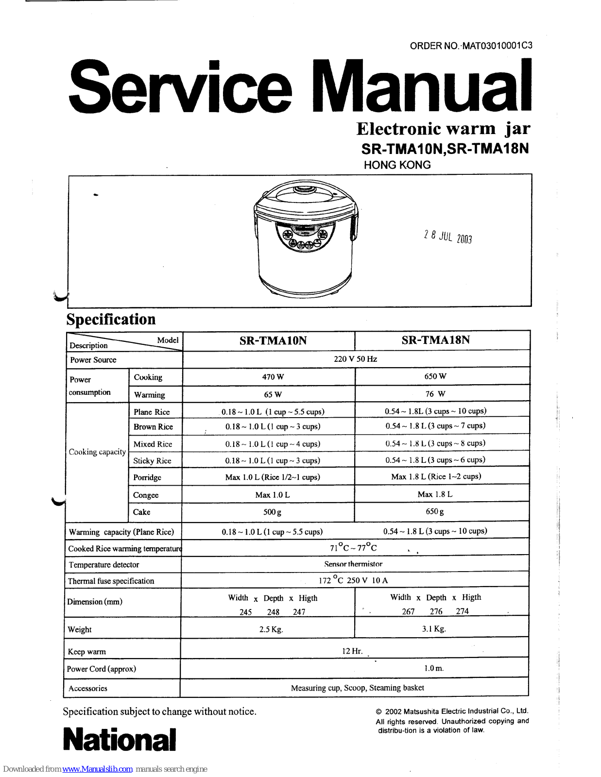 National R-TMA10N, SR-TMA18N Service Manual