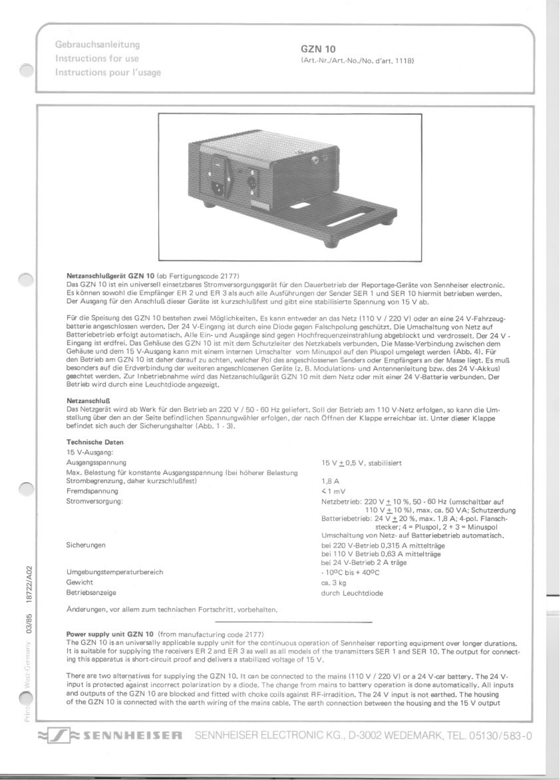 Sennheiser GZN 10 User Manual