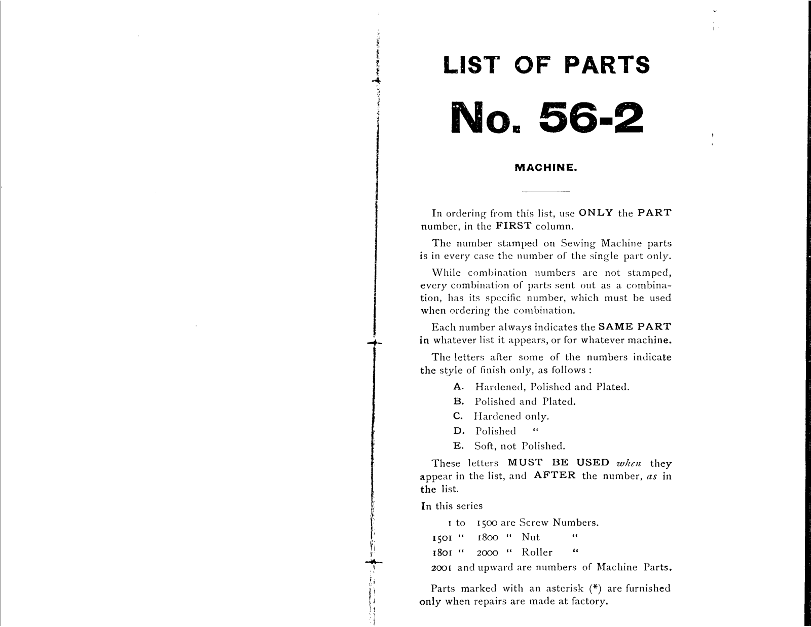 SINGER 56-2 Parts List