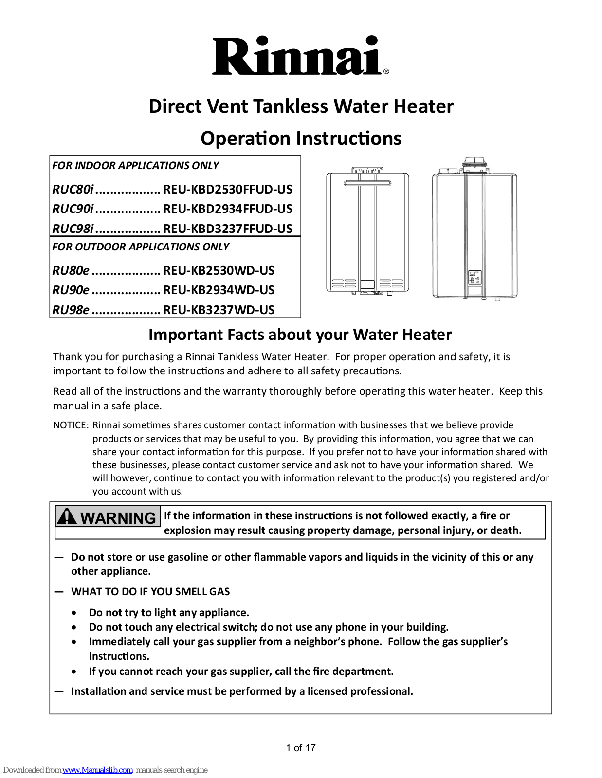 Rinnai RU90e, RU80e, RU98e, RUC90i, RUC80i Operation Instructions Manual
