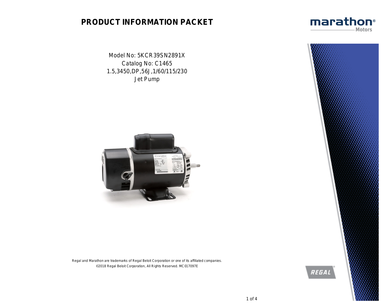 Marathon Electric 5KCR39SN2891X Product Information Packet