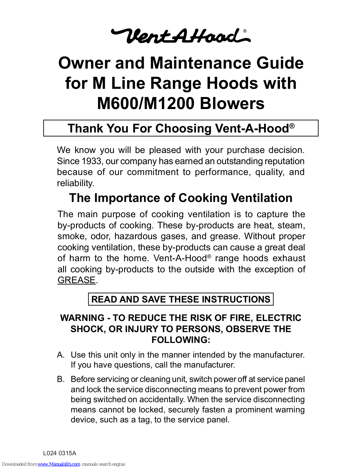 Vent-a-Hood M series Owner And Maintenance Manual