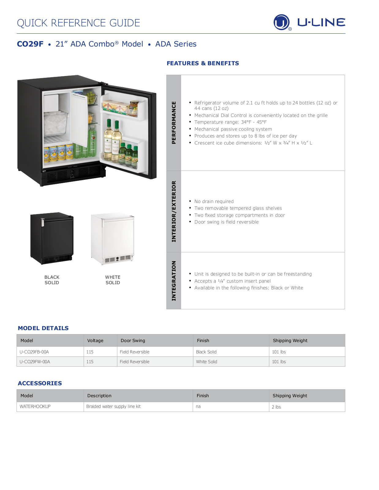 U-Line UCO29FW00A Specifications