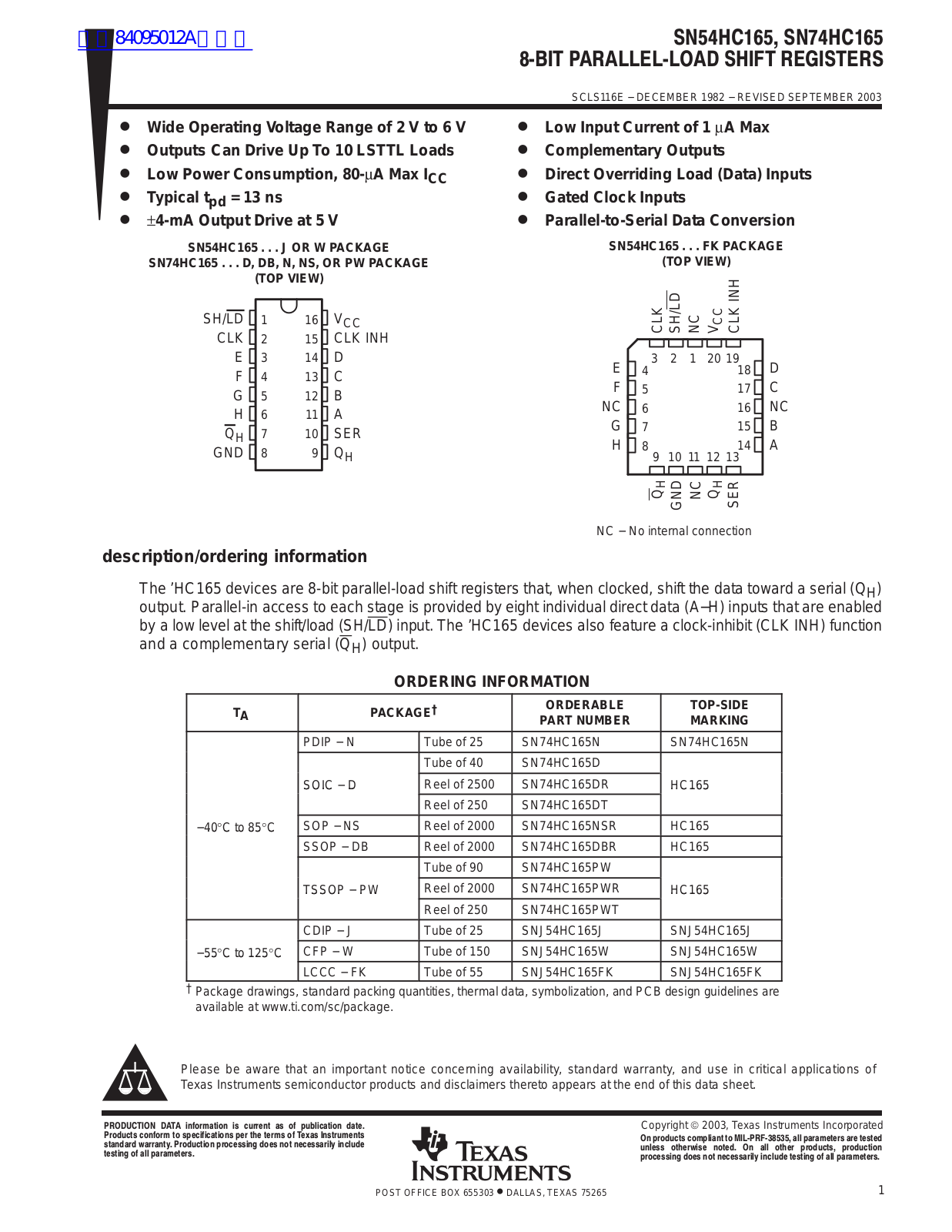 TEXAS INSTRUMENTS SN54HC165 Technical data