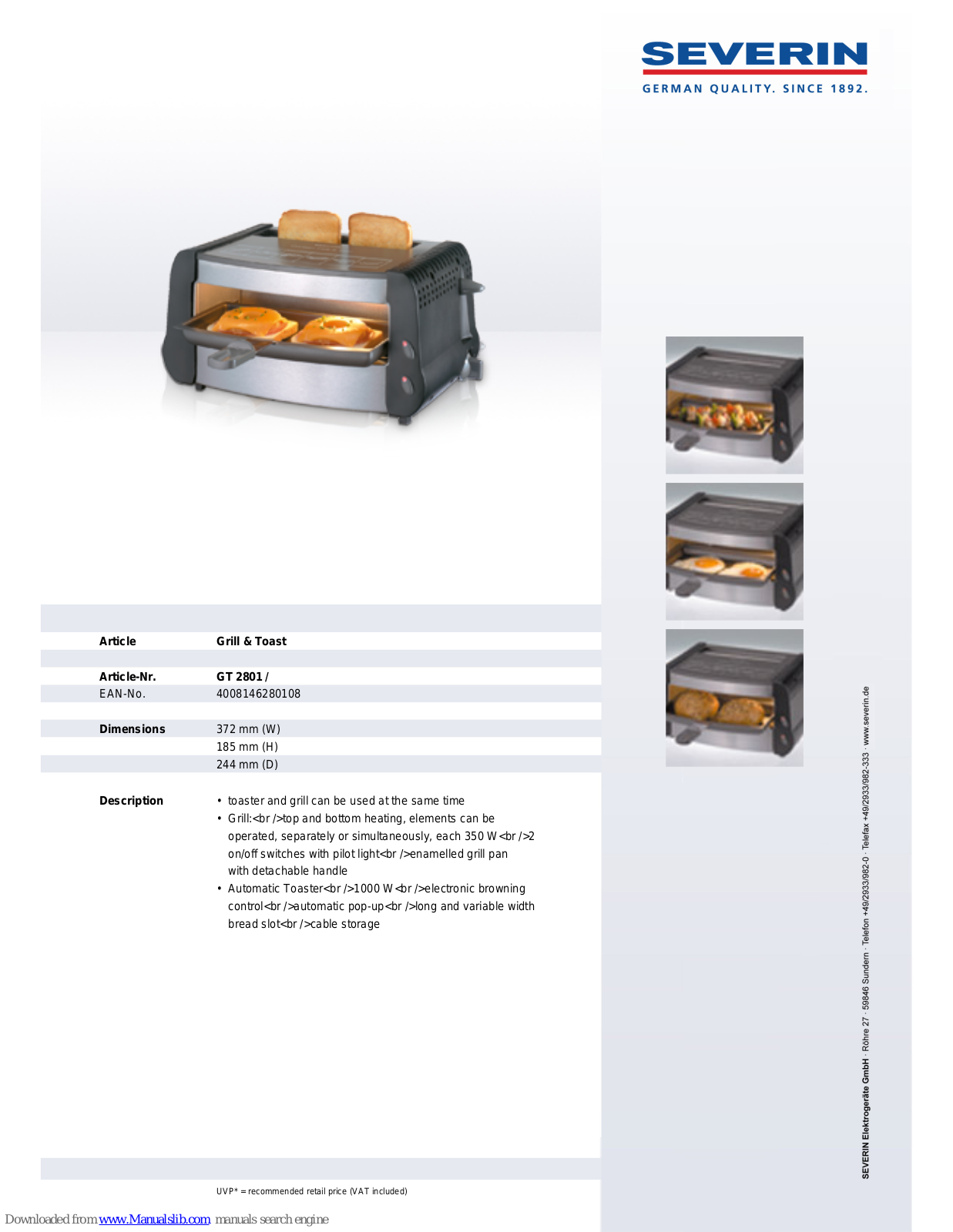 SEVERIN GRILL AND TOAST,GT 2801,GT 2801 Dimensions