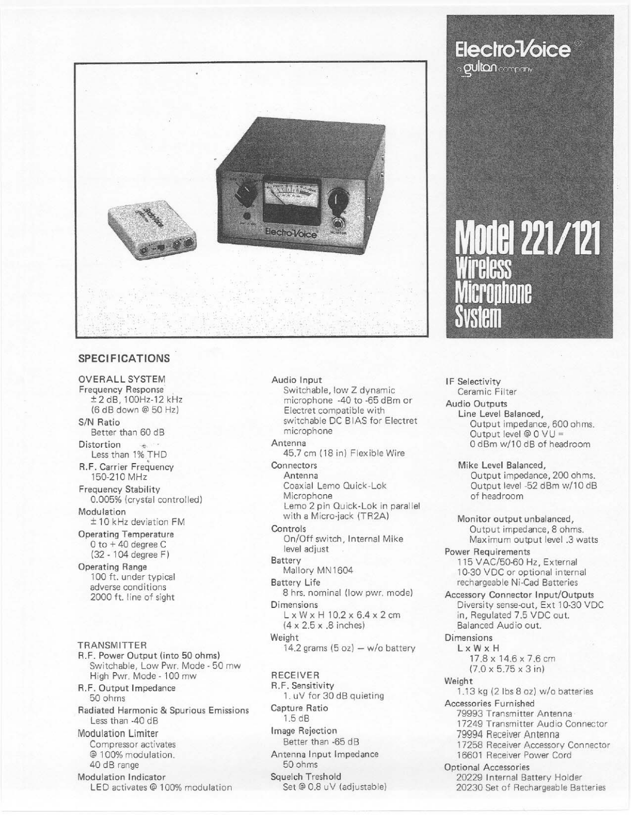 Electro-voice 221, 121 specification and instructions