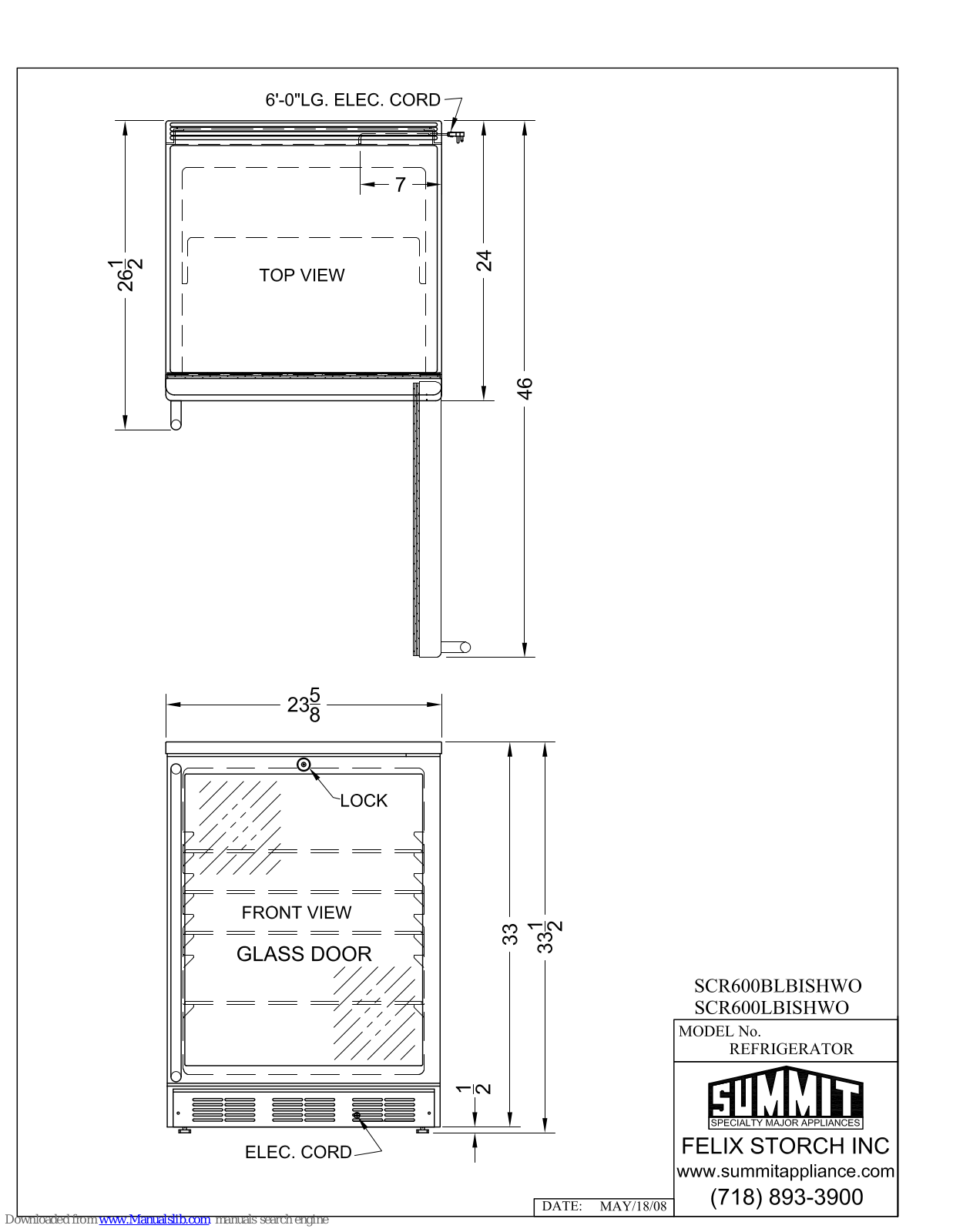 Summit SCR600BLBISHWO, SCR600LBISHWO Dimensional Drawing