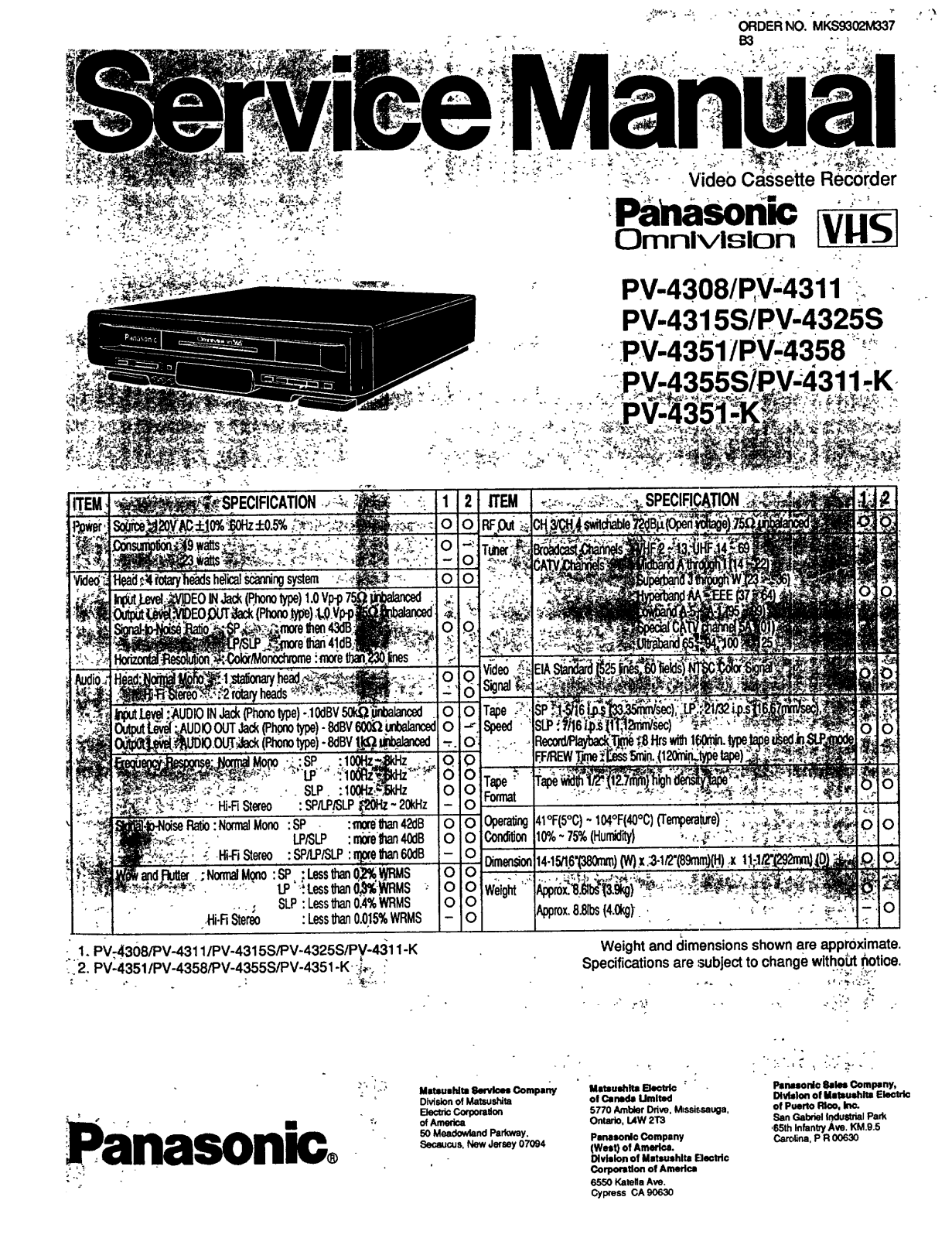 Panasonic PV-4358, PV-4355S, PV-4351K, PV-4351, PV-4325S Owner’s Manual