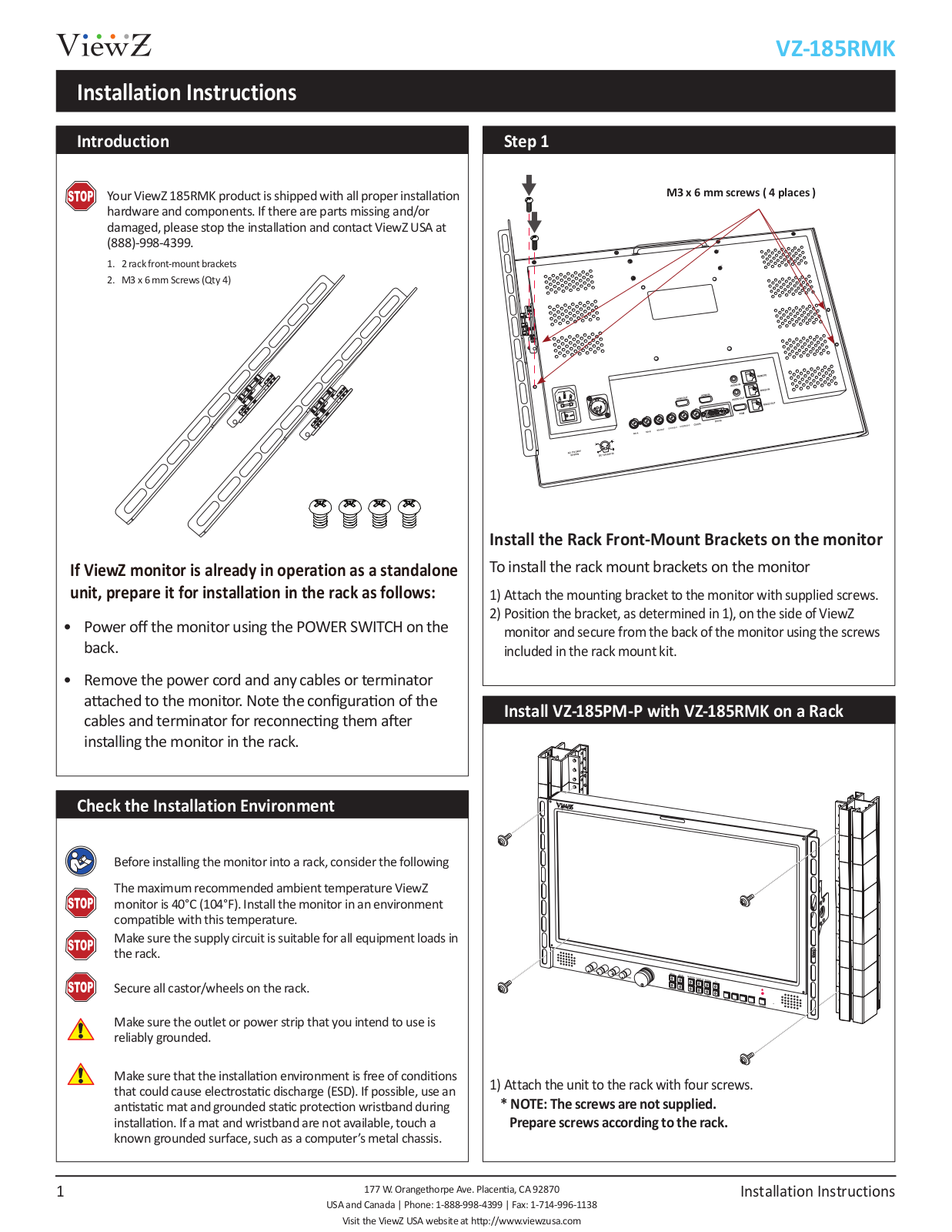 ViewZ VZ-185RMK Installation Instructions