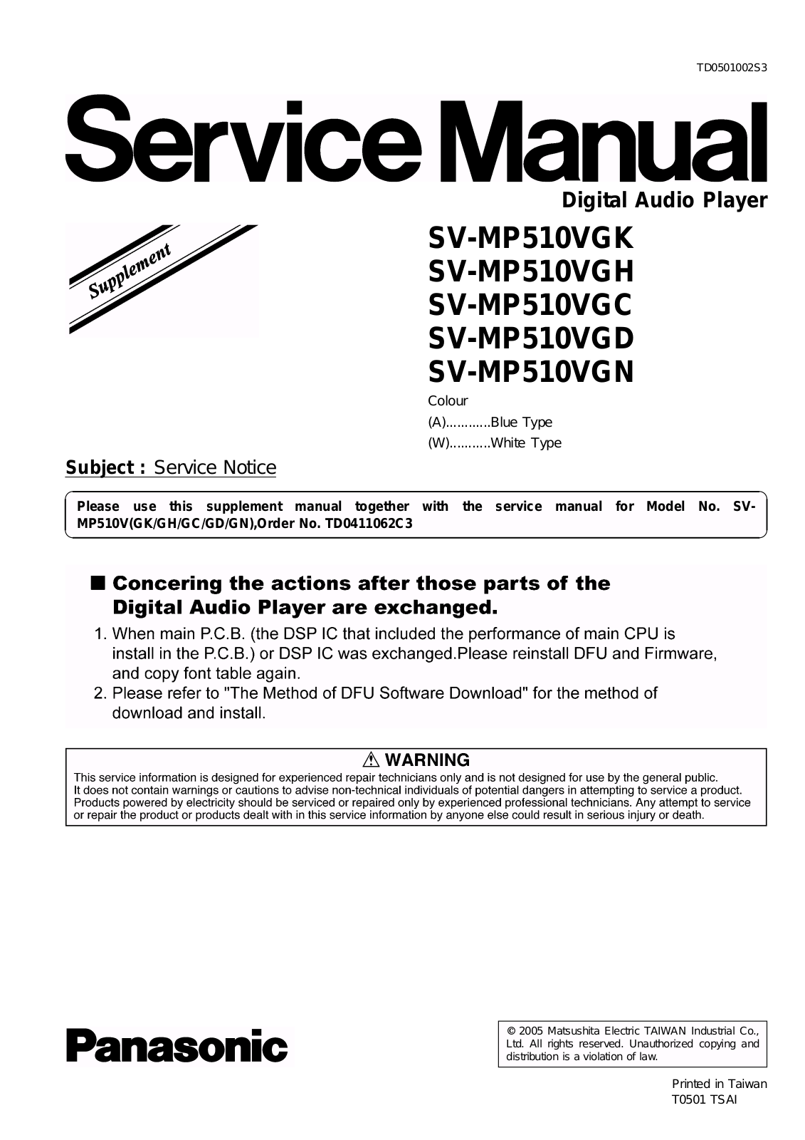 PANASONIC SV-MP510VGK, SV-MP510VGH, SV-MP510VGC, SV-MP510VGD, SV-MP510VGN Service Manual