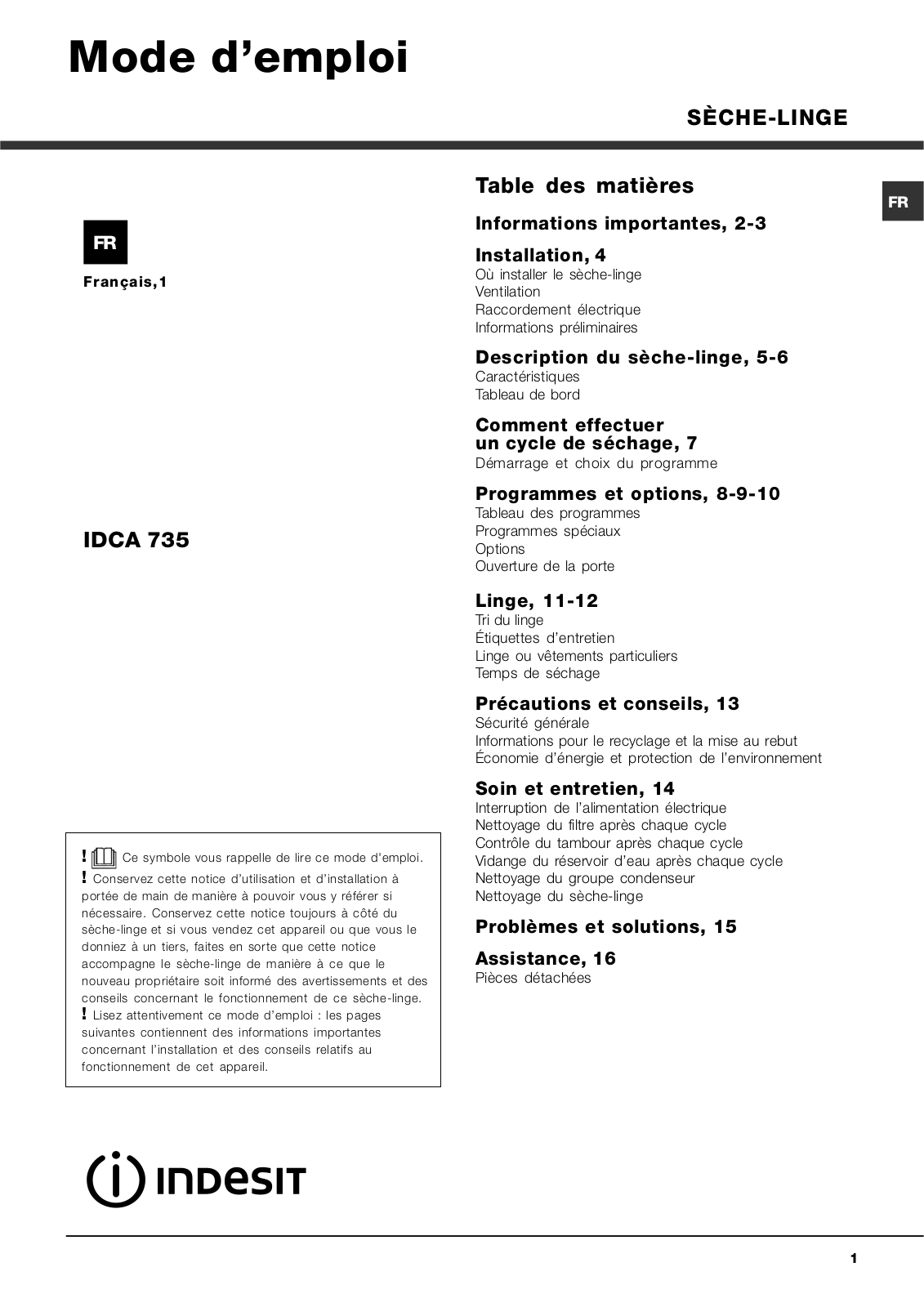 INDESIT IDCA 735 (FR), IDCA 735B, IDCA 735WH User Manual