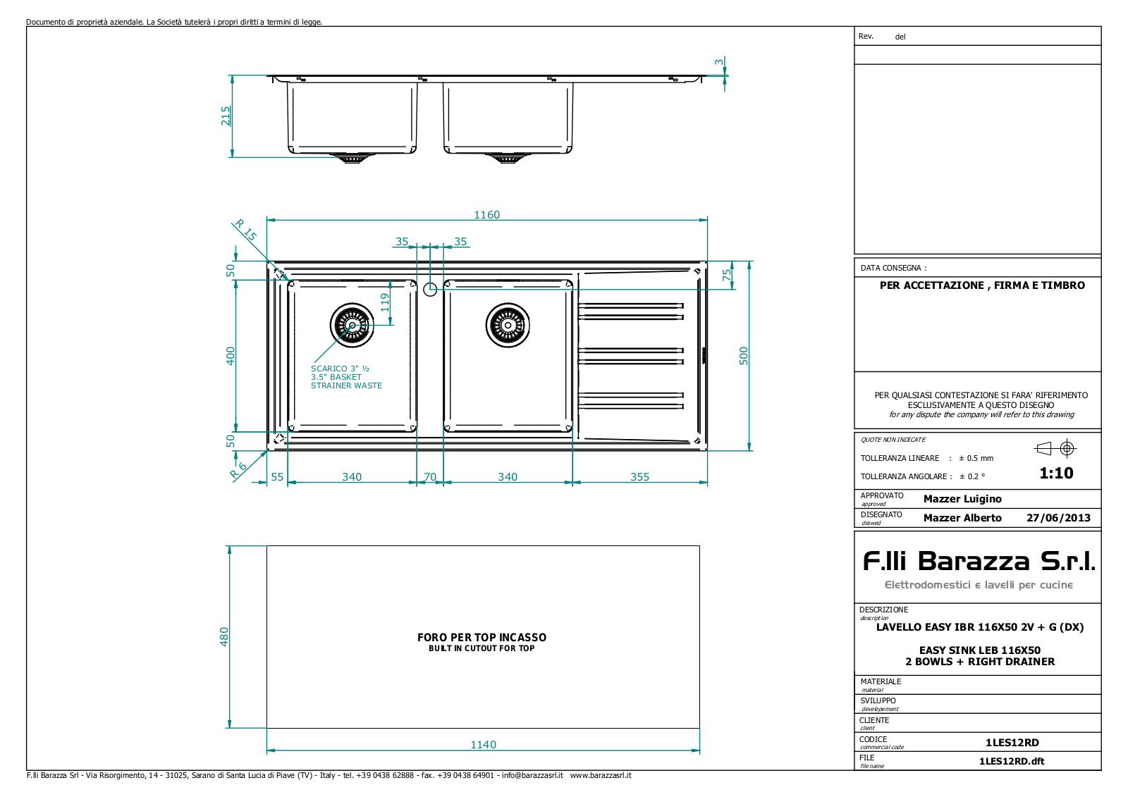 Barazza EASY200R, EASY200L Specifications Sheet