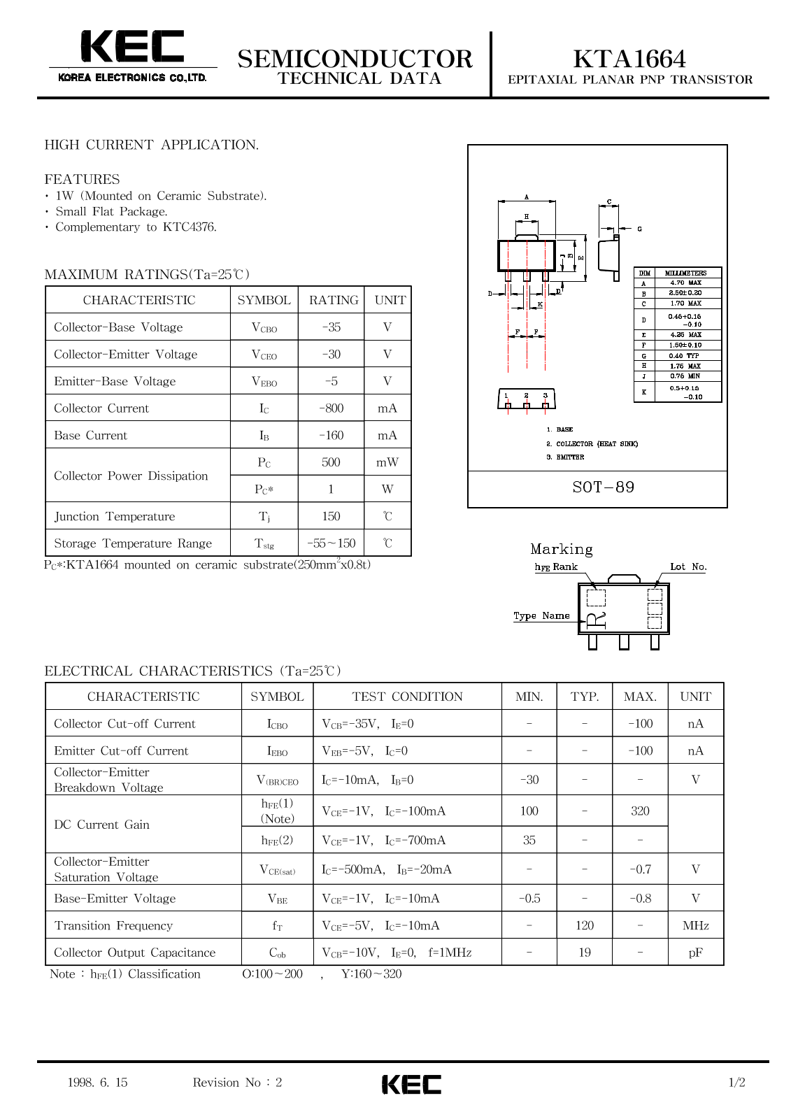 KEC KTA1664 Datasheet