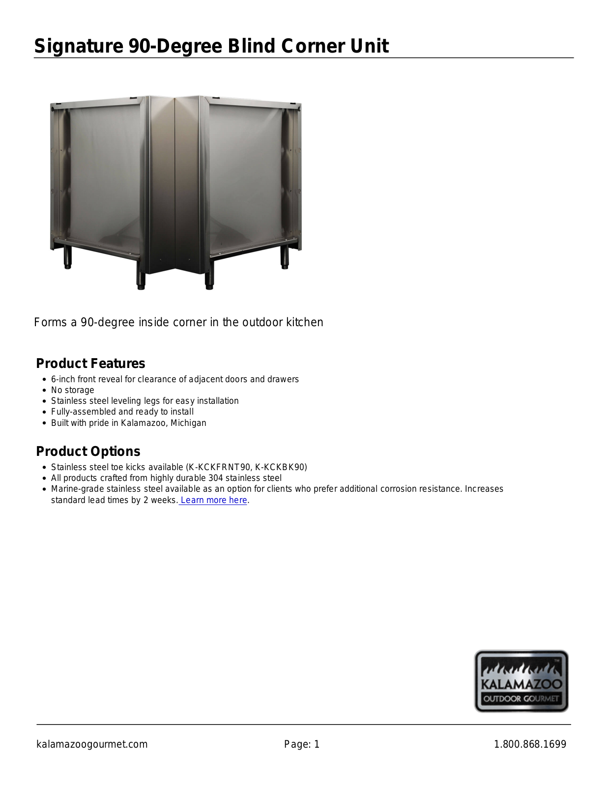 Kalamazoo Outdoor Gourmet K-BLND-CRNR-SQ-M6, K-BLND-CRNR-SQ-S4 Specifications Sheet