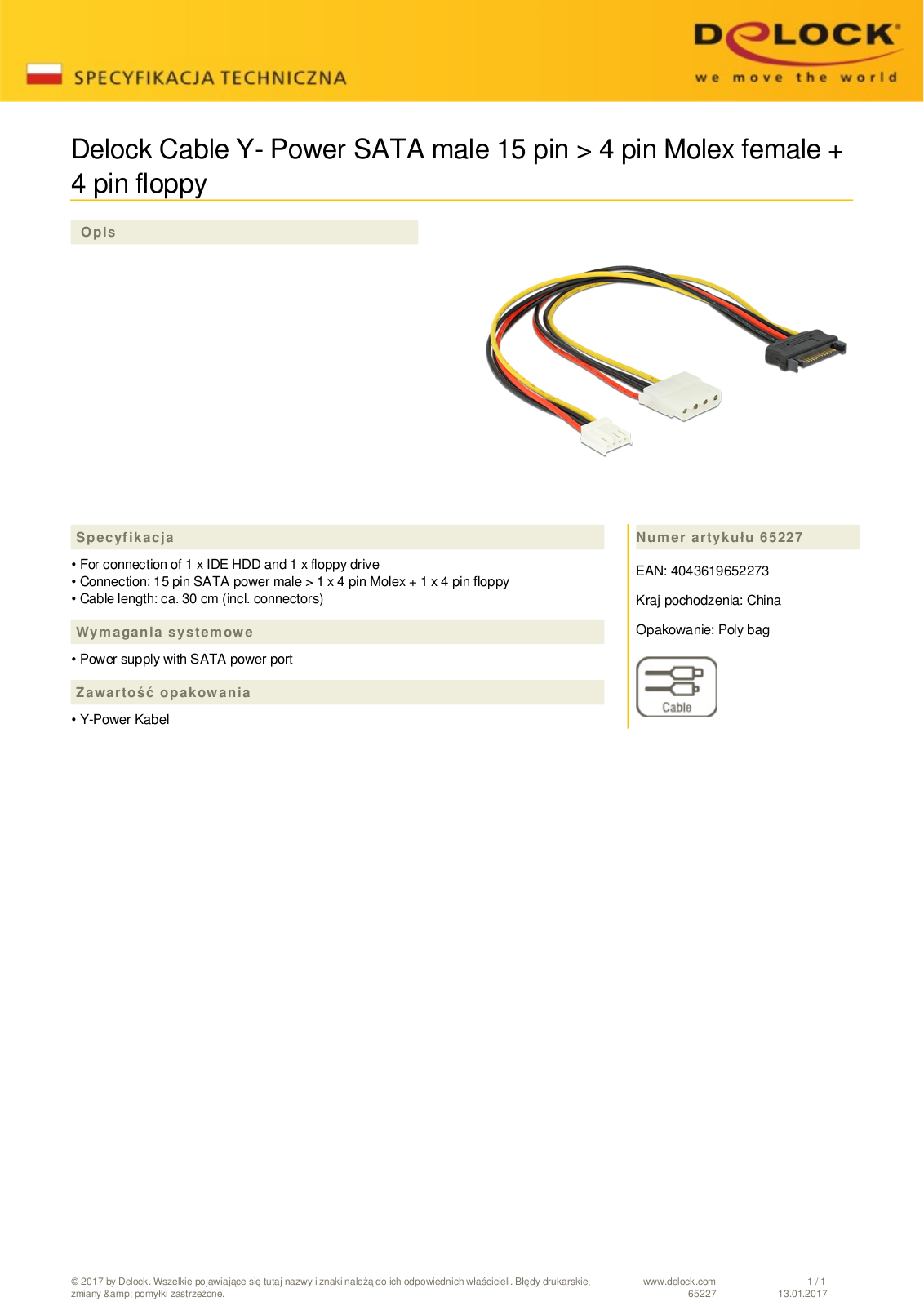 DeLOCK SATA-power adapter 15-Pin  SATA  on 4-Pin  IDE  and 4-Pin  Floppy , Y cable User Manual