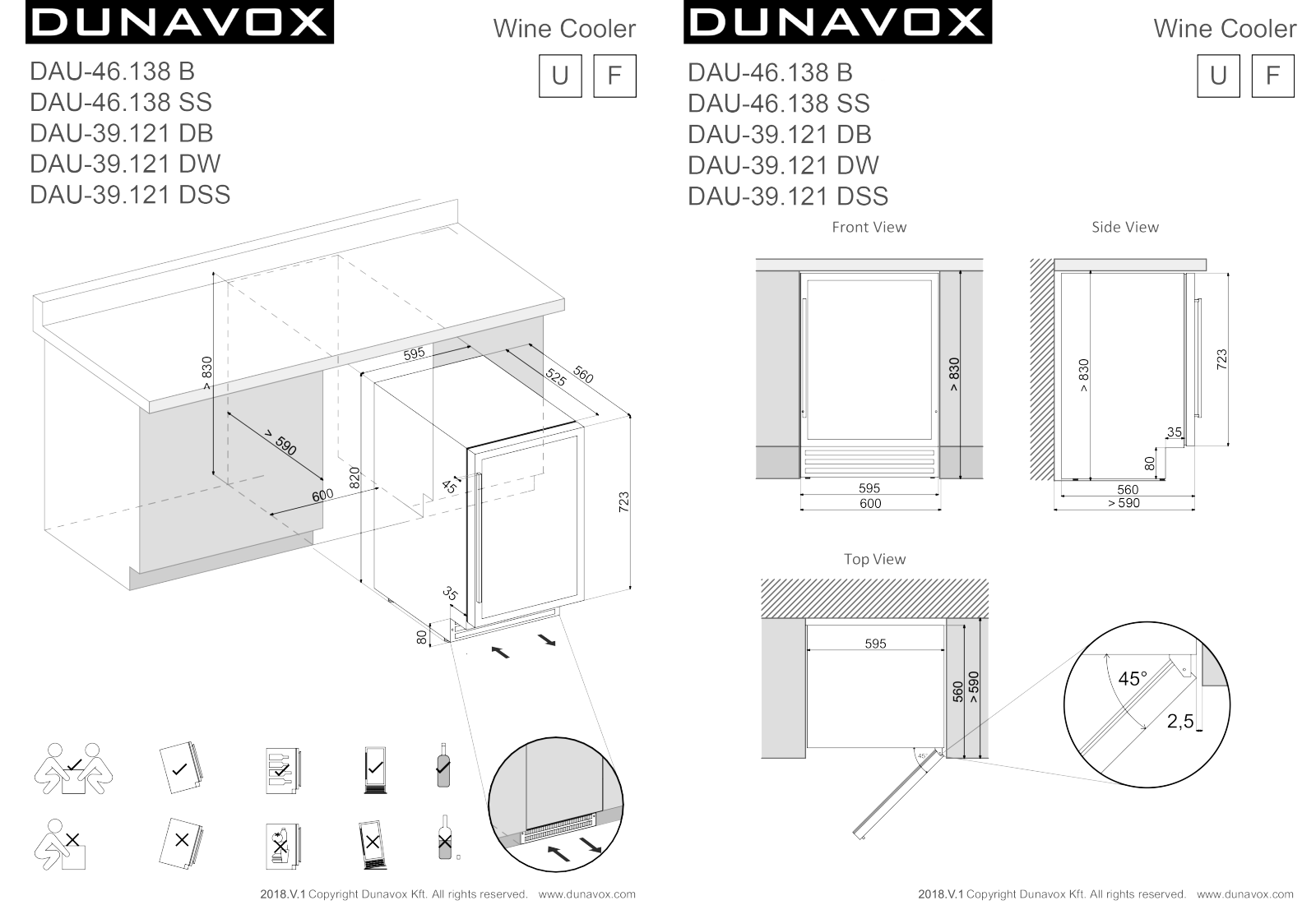 Dunavox DAU-46.138 B, DAU-46.138 SS, DAU-39.121 DB, DAU-39.121 DW, DAU-39.121 DSS Dimensions