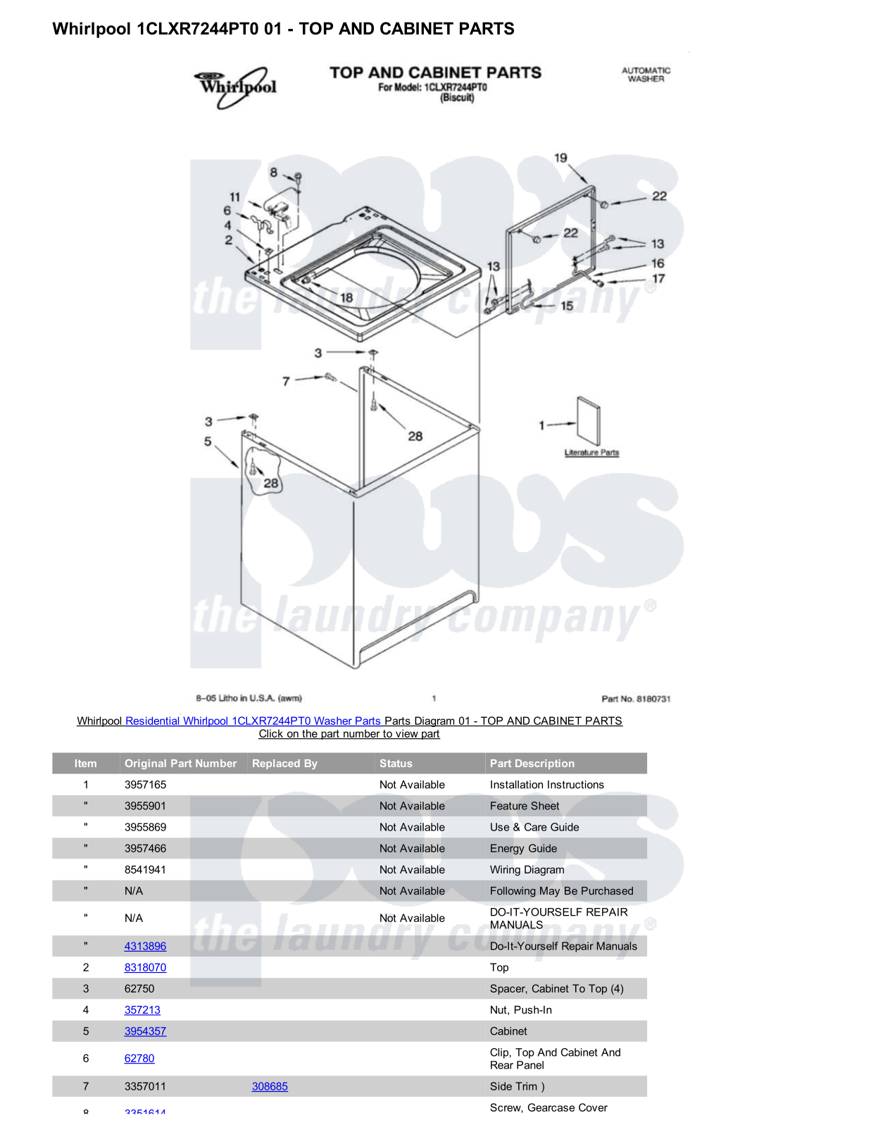 Whirlpool 1CLXR7244PT0 Parts Diagram