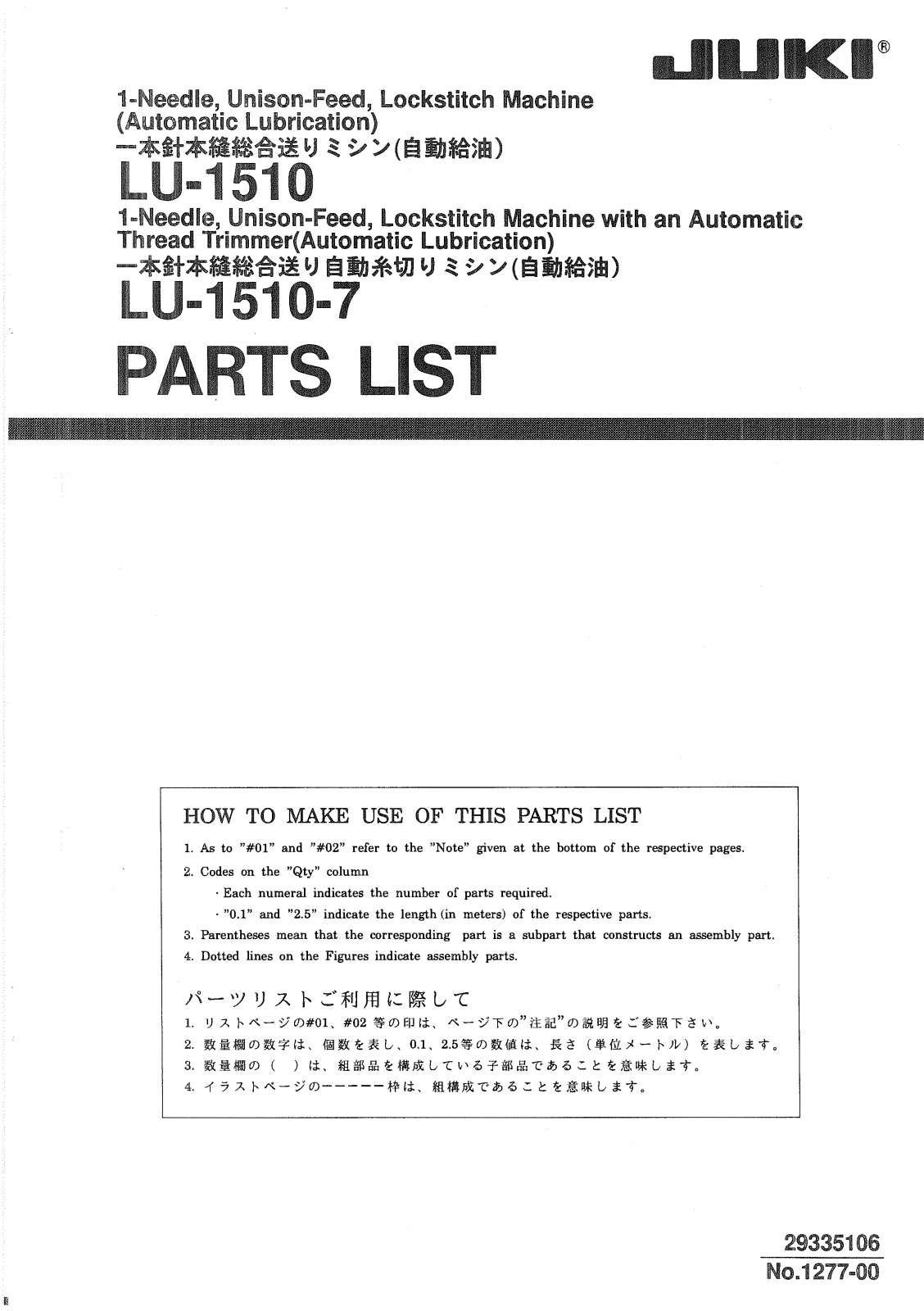 JUKI LU-1510, LU-1510-7 Parts List