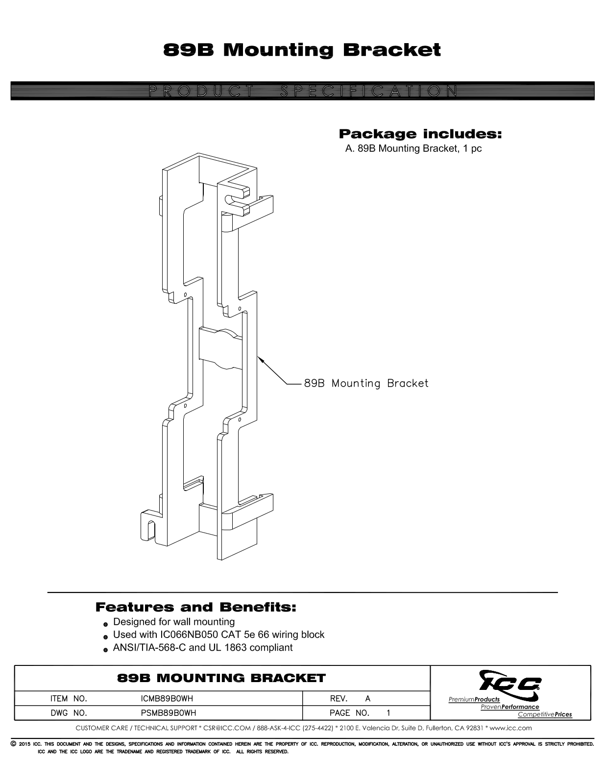 ICC ICMB89B0WH Specsheet