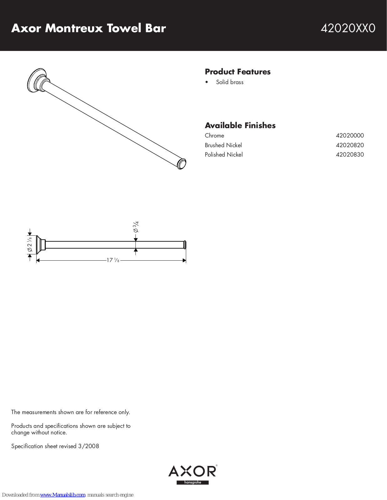 Axor 42020820, 42020000, 42020830 Specification Sheet