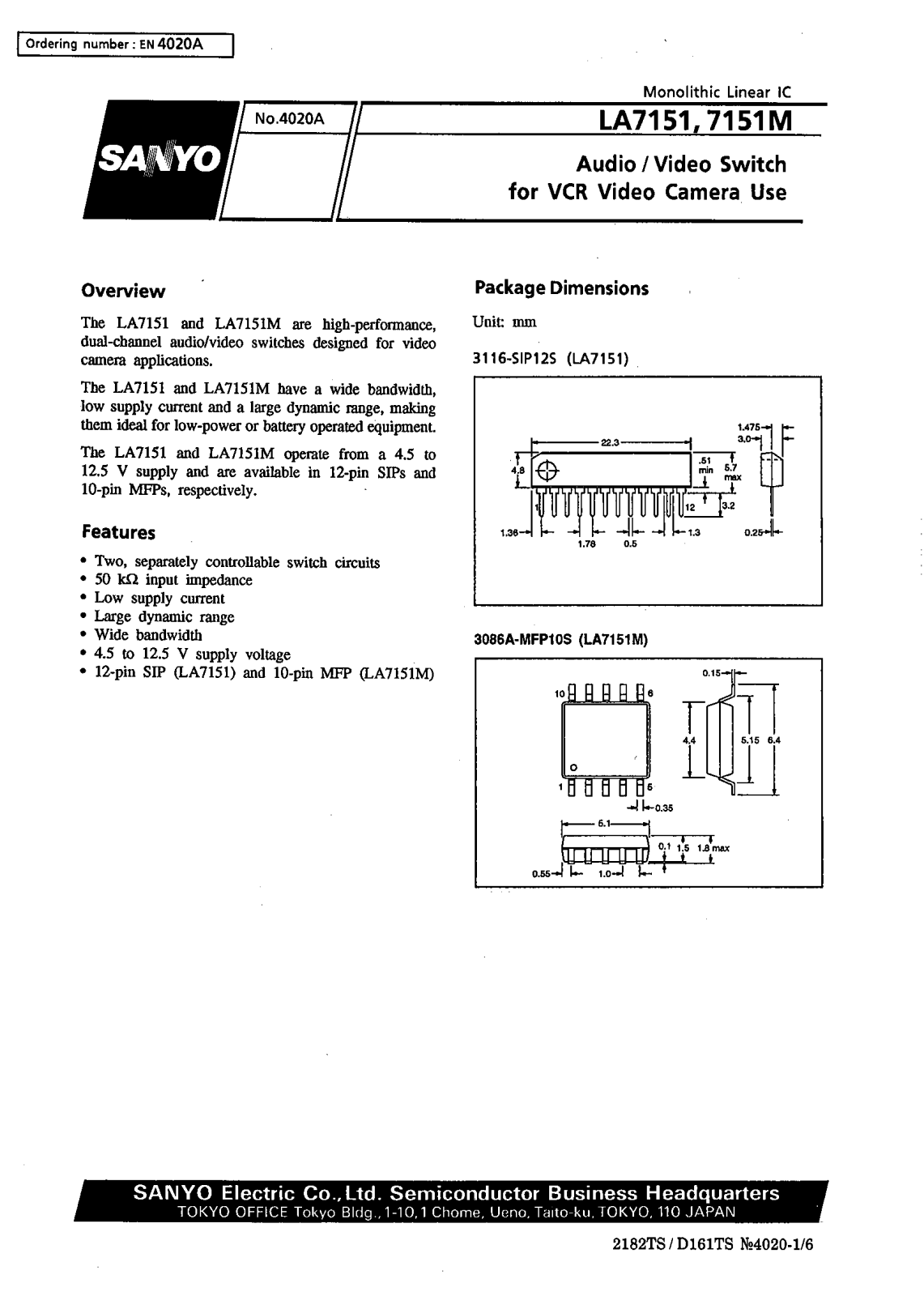 SANYO LA7152, LA7151M, LA7151 Datasheet