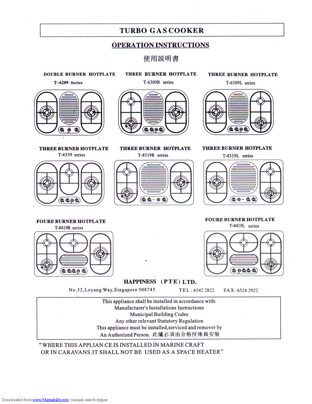 Happiness T-6209, T-6309L, T-6309R, T-8319L, T-8419R Operation Instructions Manual