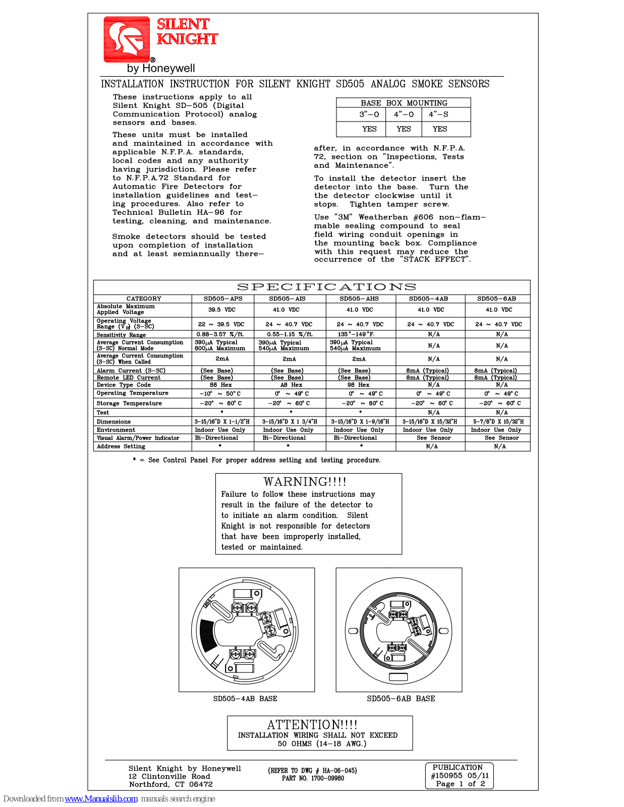 Honeywell Silent Knight SD505 Installation Instructions Manual