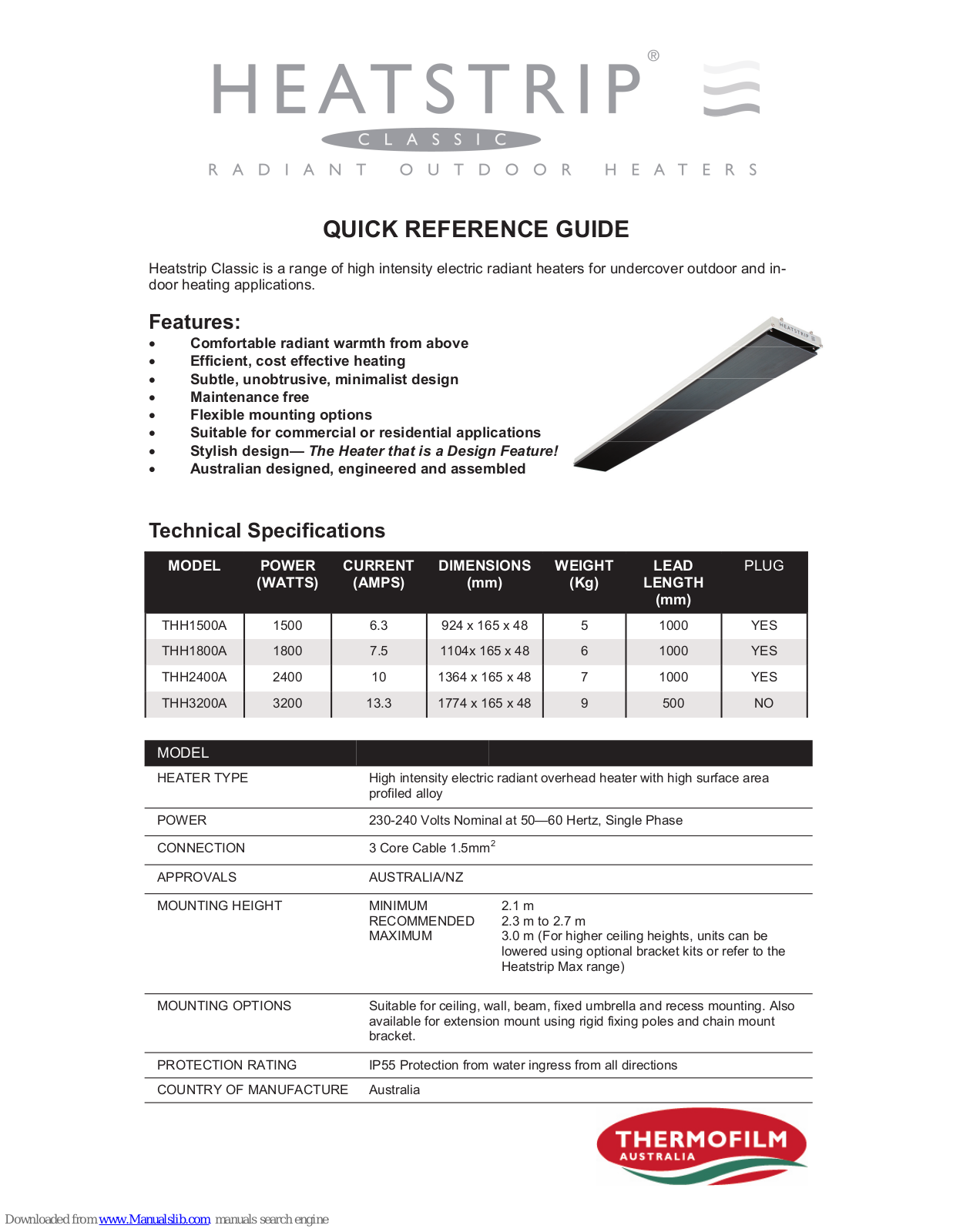 HEATSTRIP thh1500a, thh2400a, thh1800a, thh3200a Quick Reference Manual