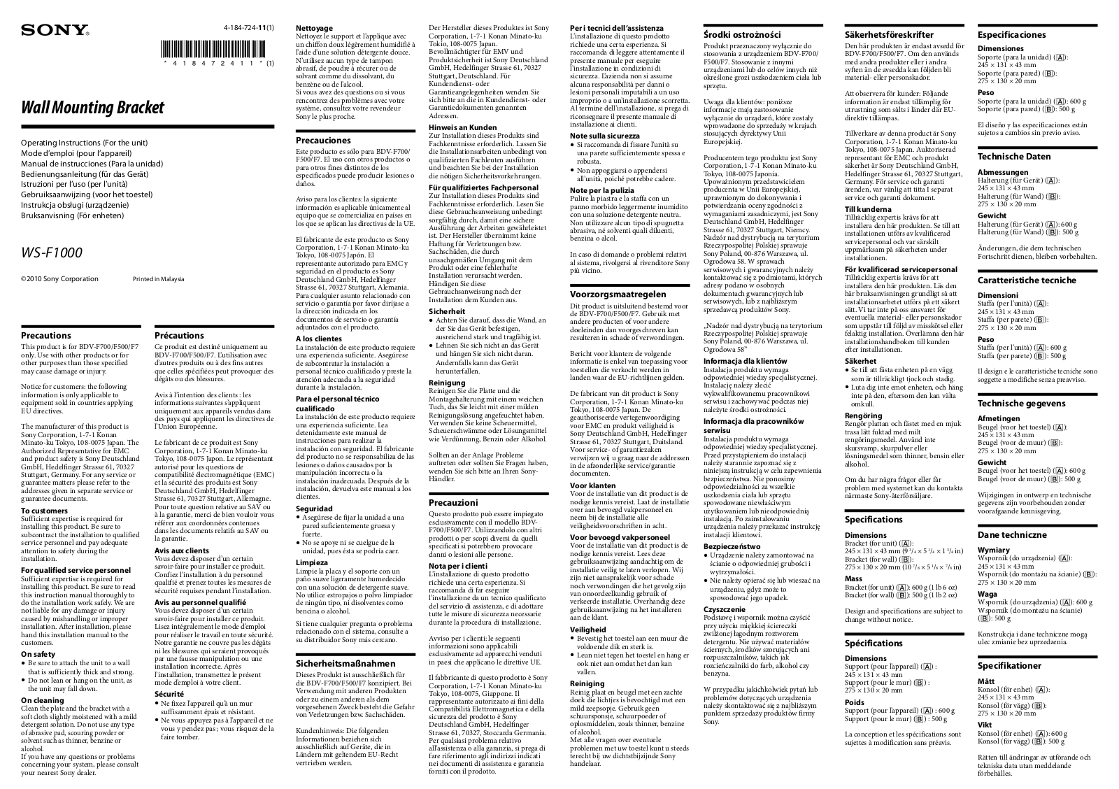 Sony WS-F1000 Operating Manual