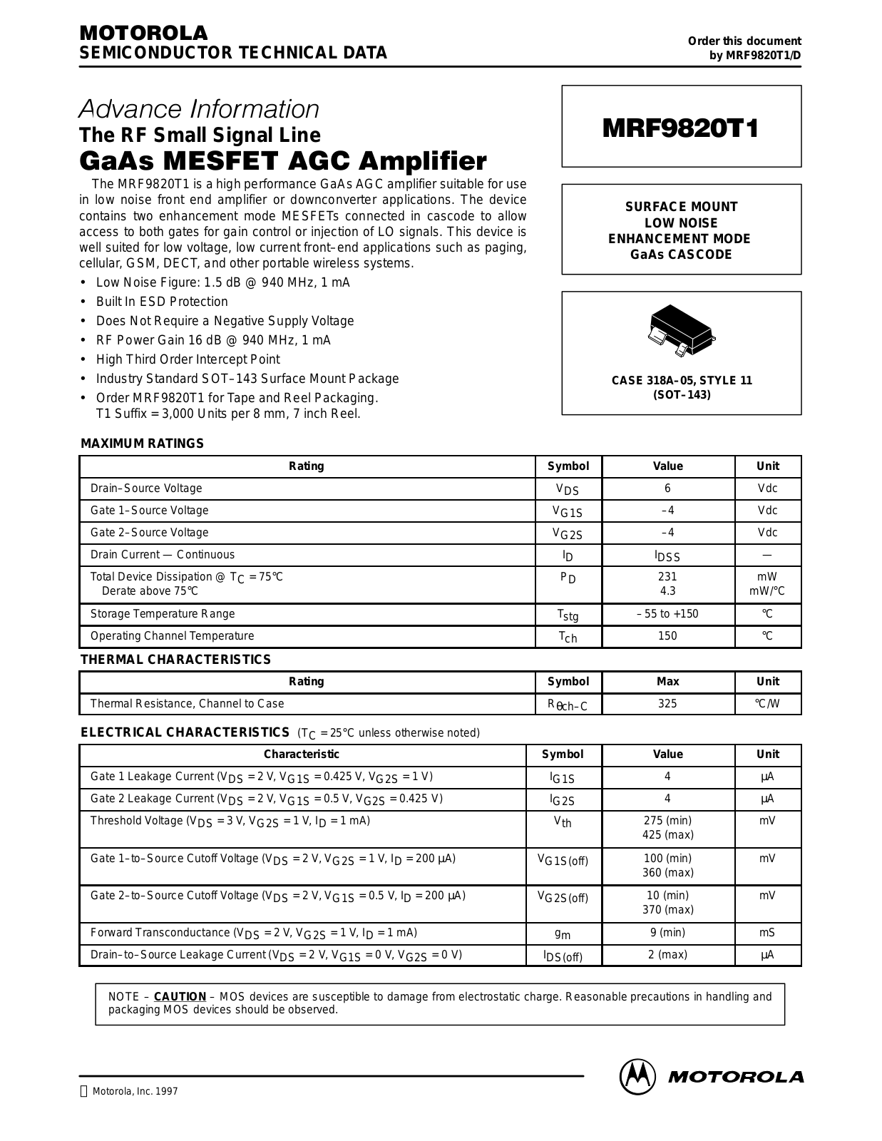 Motorola MRF9820T1 Datasheet