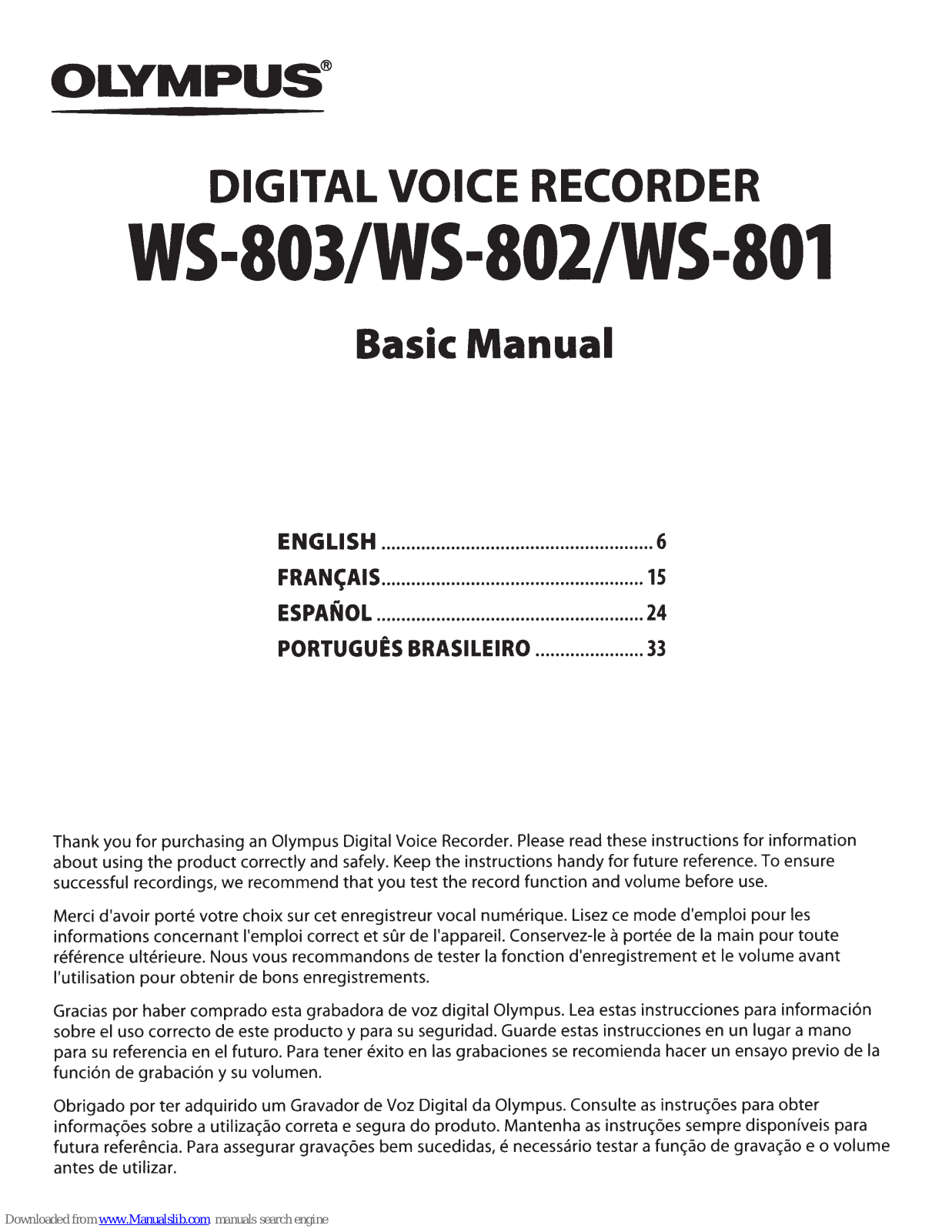 Olympus WS-803, WS-802, WS-801 Basic Manual - ManualMachine.com