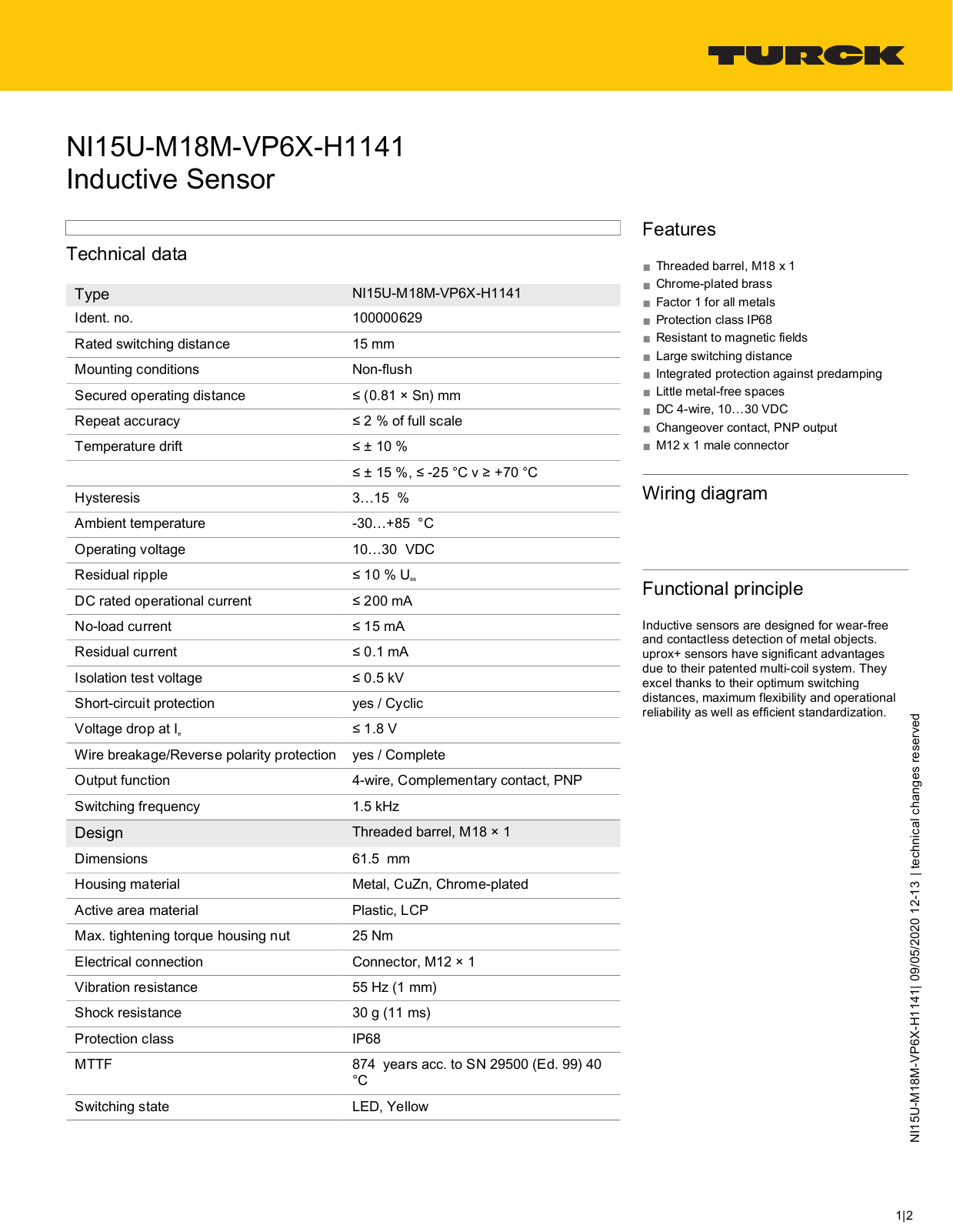 Turck NI15U-M18M-VP6X-H1141 Data Sheet