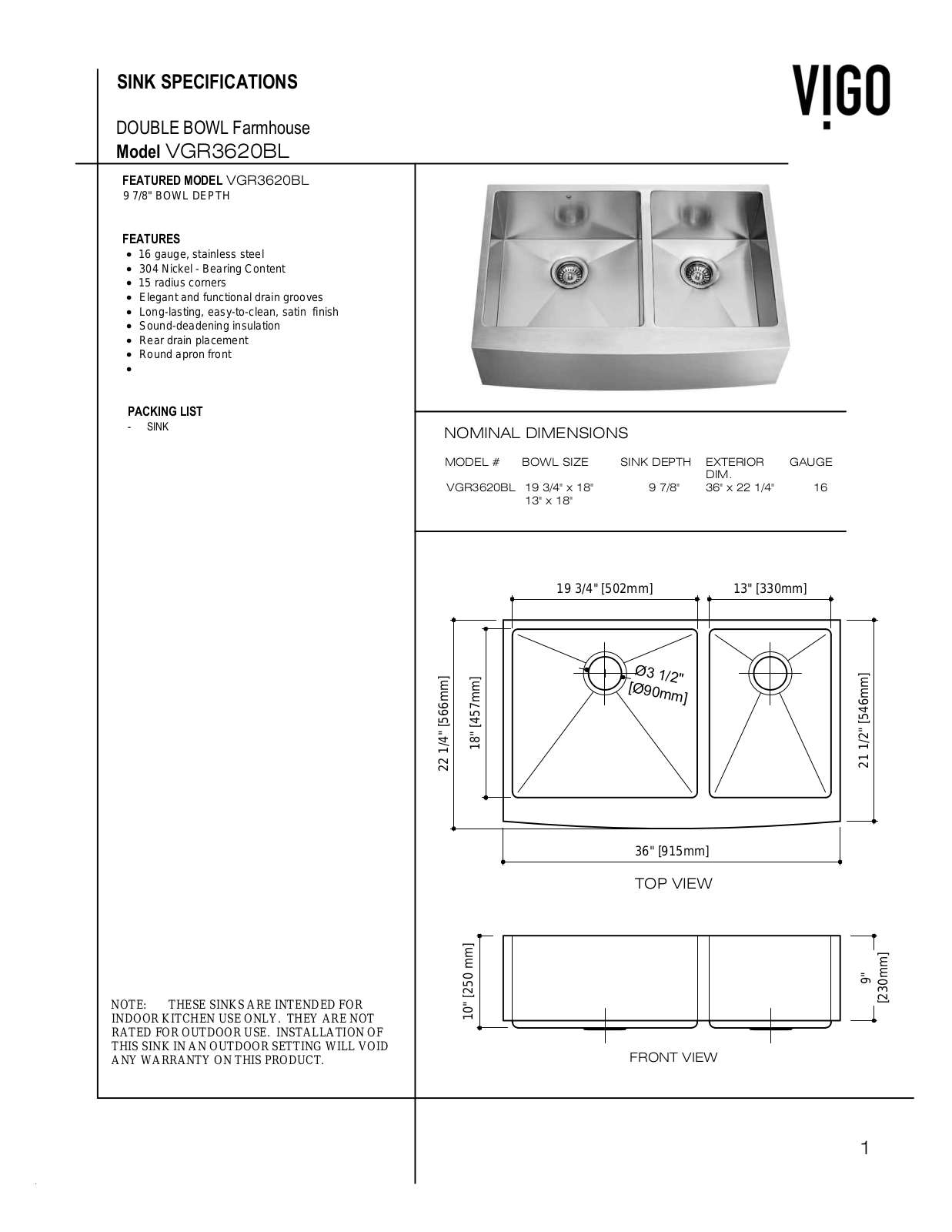 Vigo VG15266, VG15264, VG15263, VG15269, VG15268 Specifications