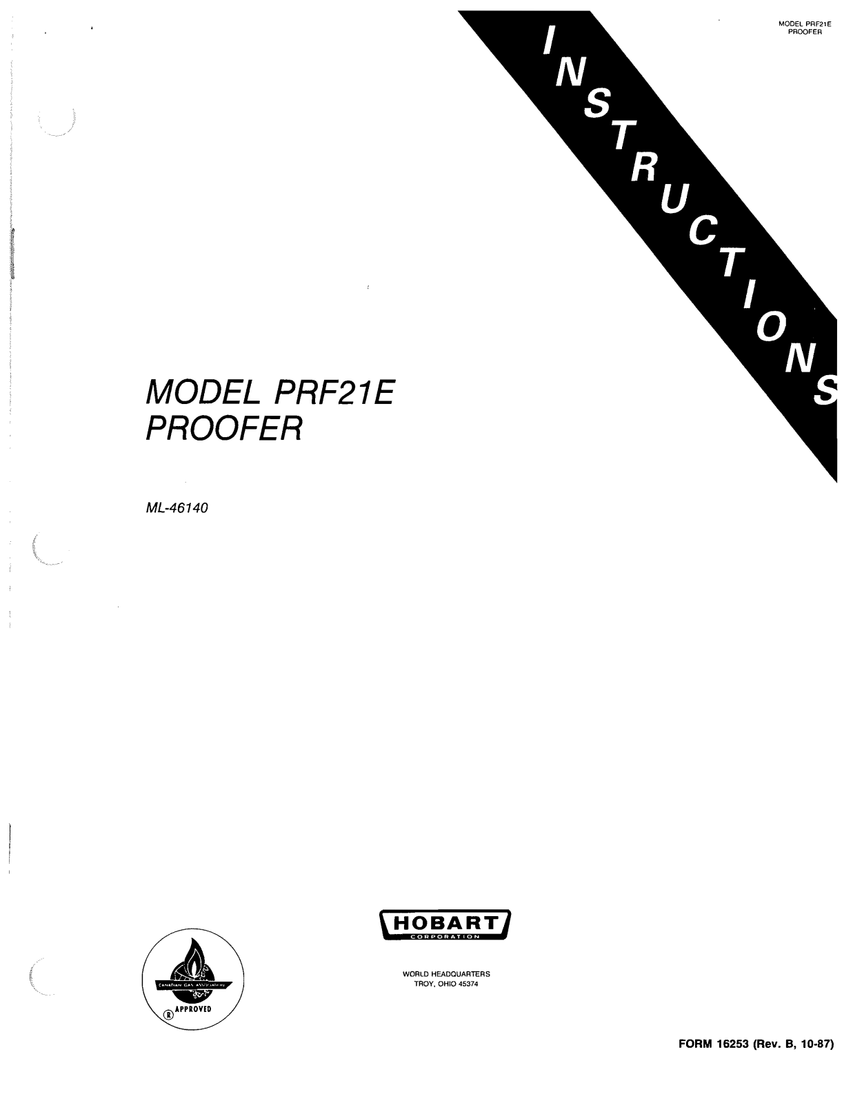 Hobart PRF21E Installation Manual