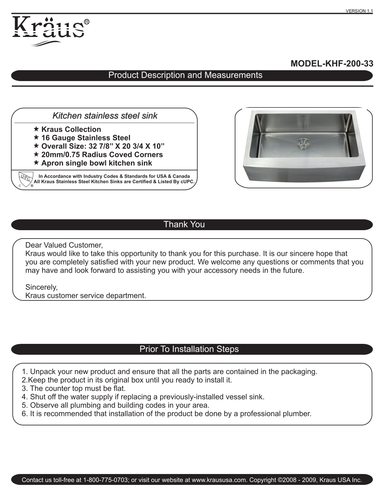 Kraus KHF20033KPF1612KSD30CH Installation manual