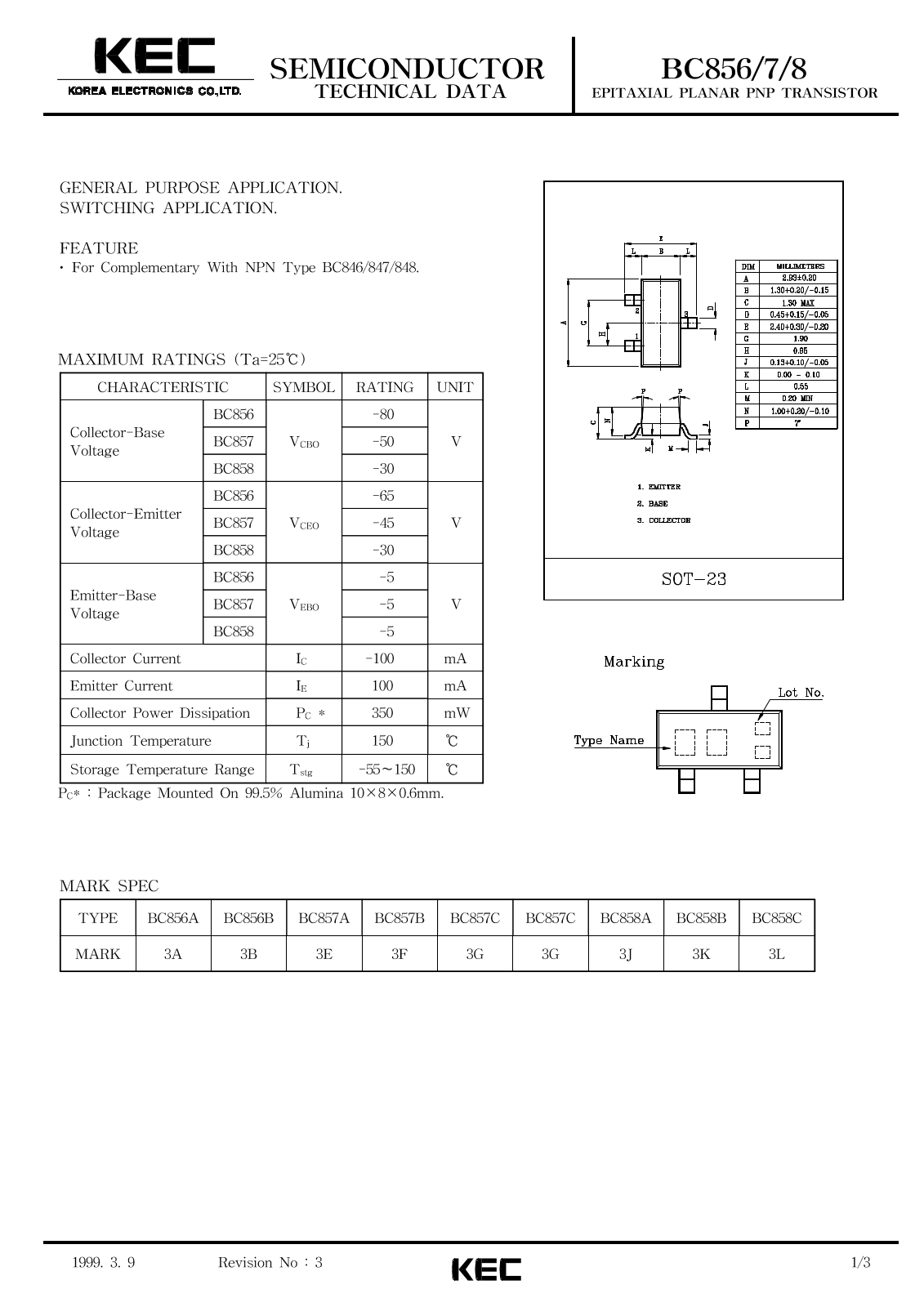 Korea Electronics Co  Ltd BC858A, BC857C, BC858B, BC858C, BC857B Datasheet