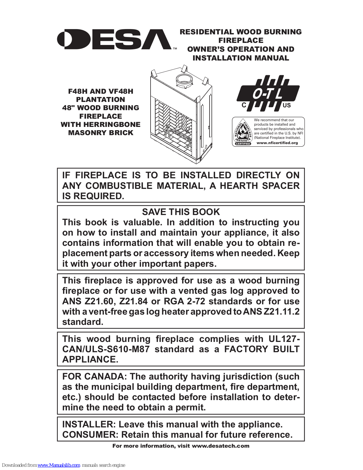 Desa F48H, VF48H Owner's Operation And Installation Manual