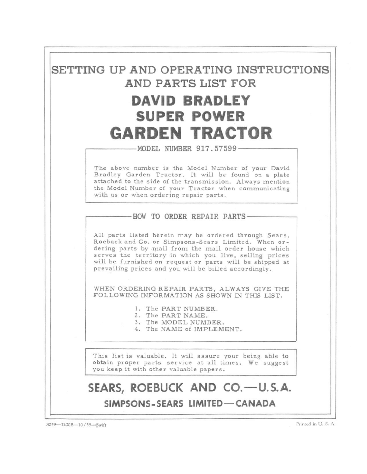 David Bradley 917.57599 Operating Instruction