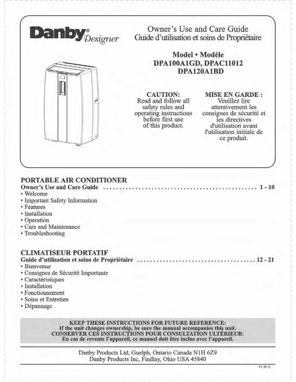 Danby DPA100A1 Owner's Manual