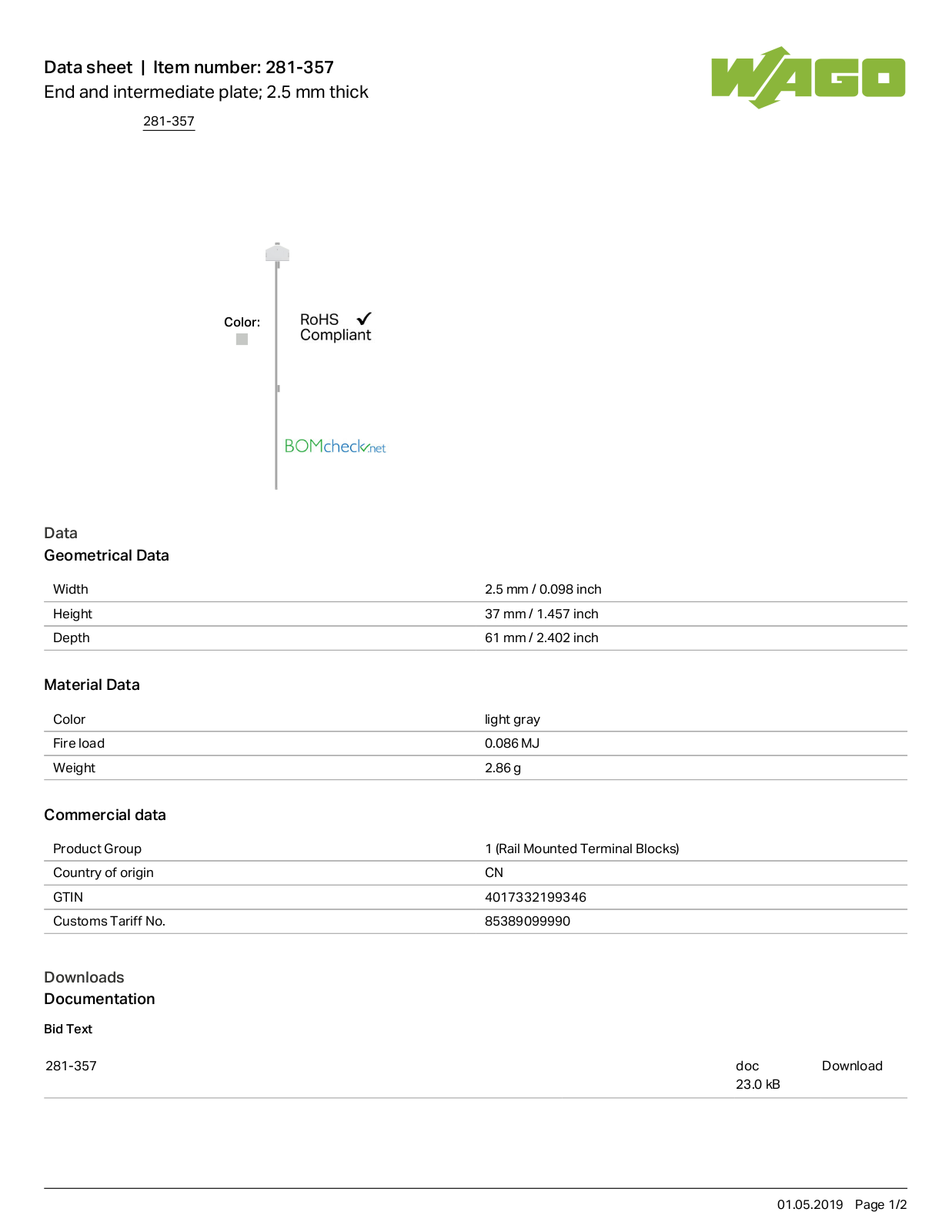 Wago 281-357 Data Sheet