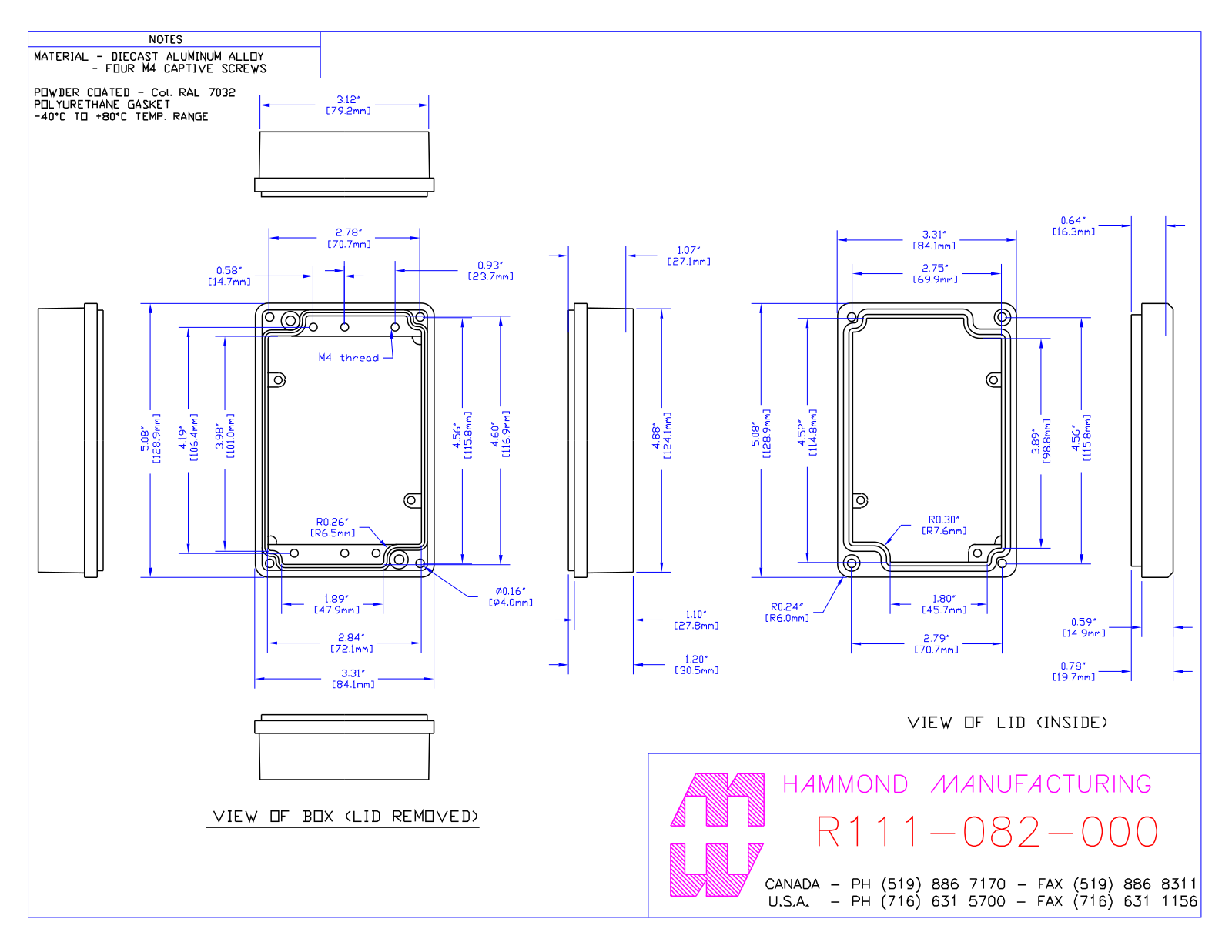 Hammond Manufacturing R111-082-000 technical drawings