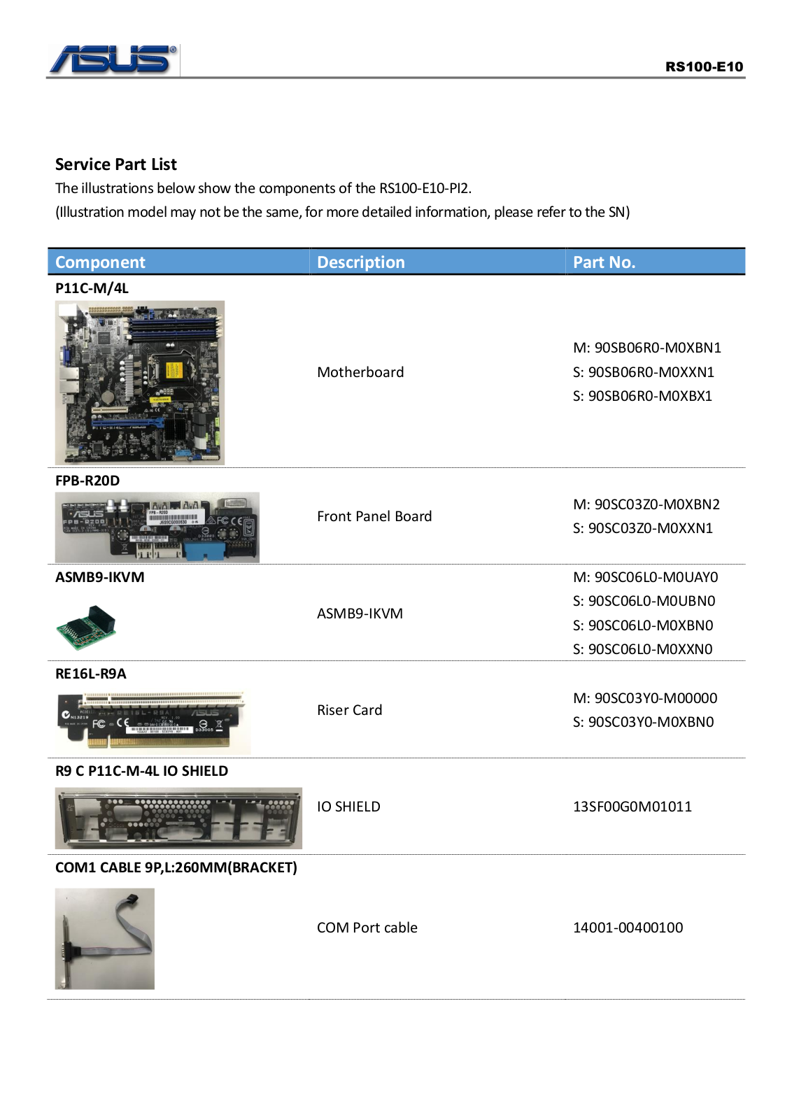 Asus RS100-E10-PI2 Service Part List