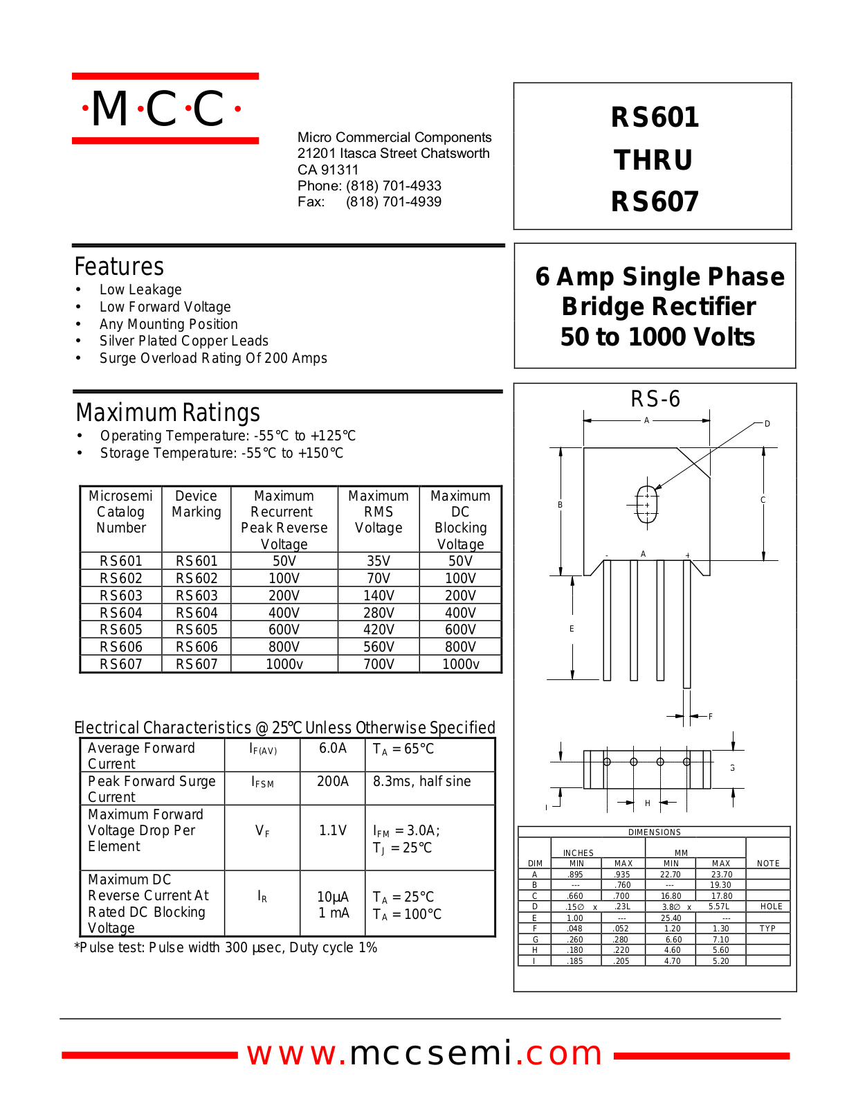 MCC RS603, RS604, RS602, RS605, RS601 Datasheet