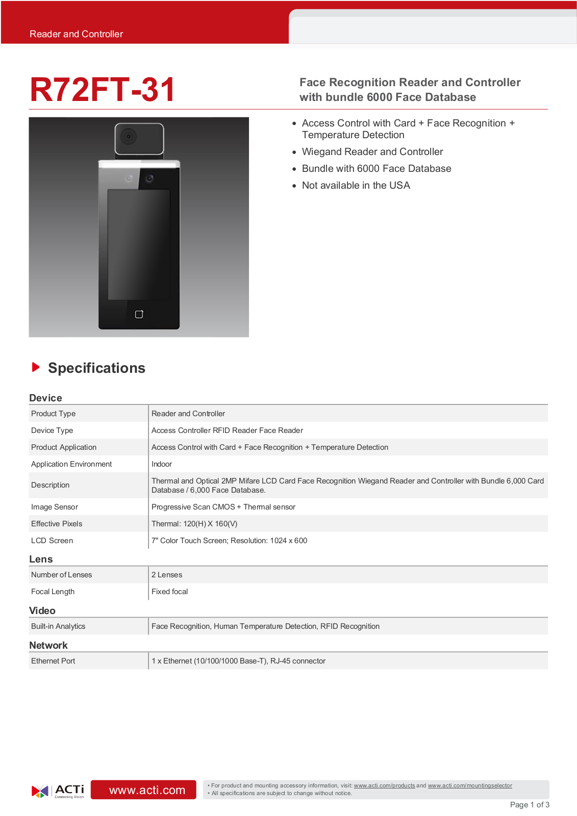 ACTi R72FT-31 Specsheet