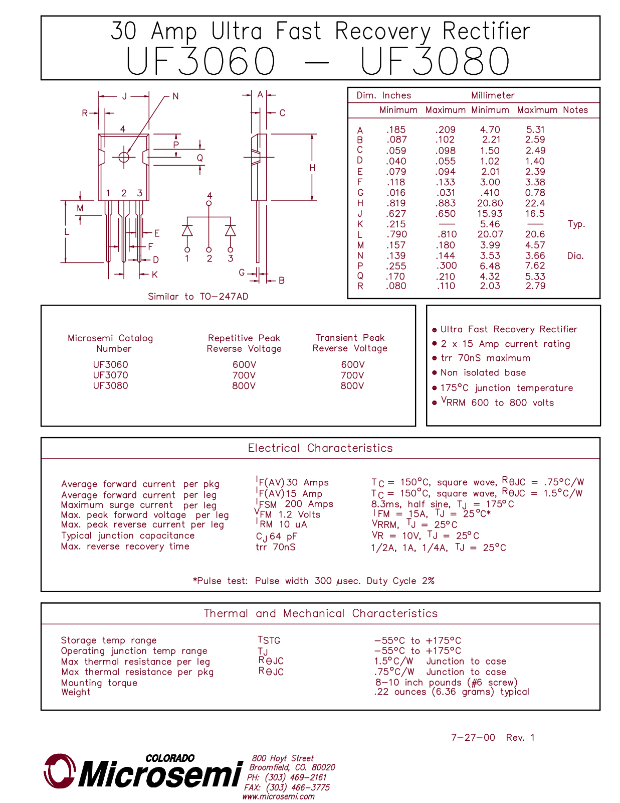 Microsemi UF3080, UF3070, UF3060 Datasheet