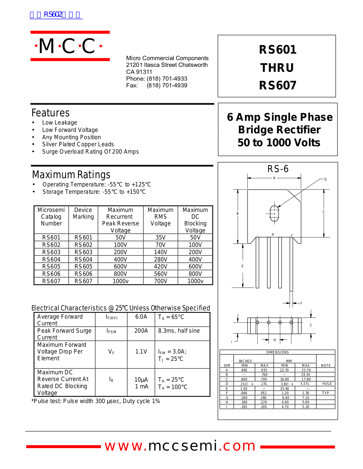 Micro Commercial Components RS601, RS607 Technical data